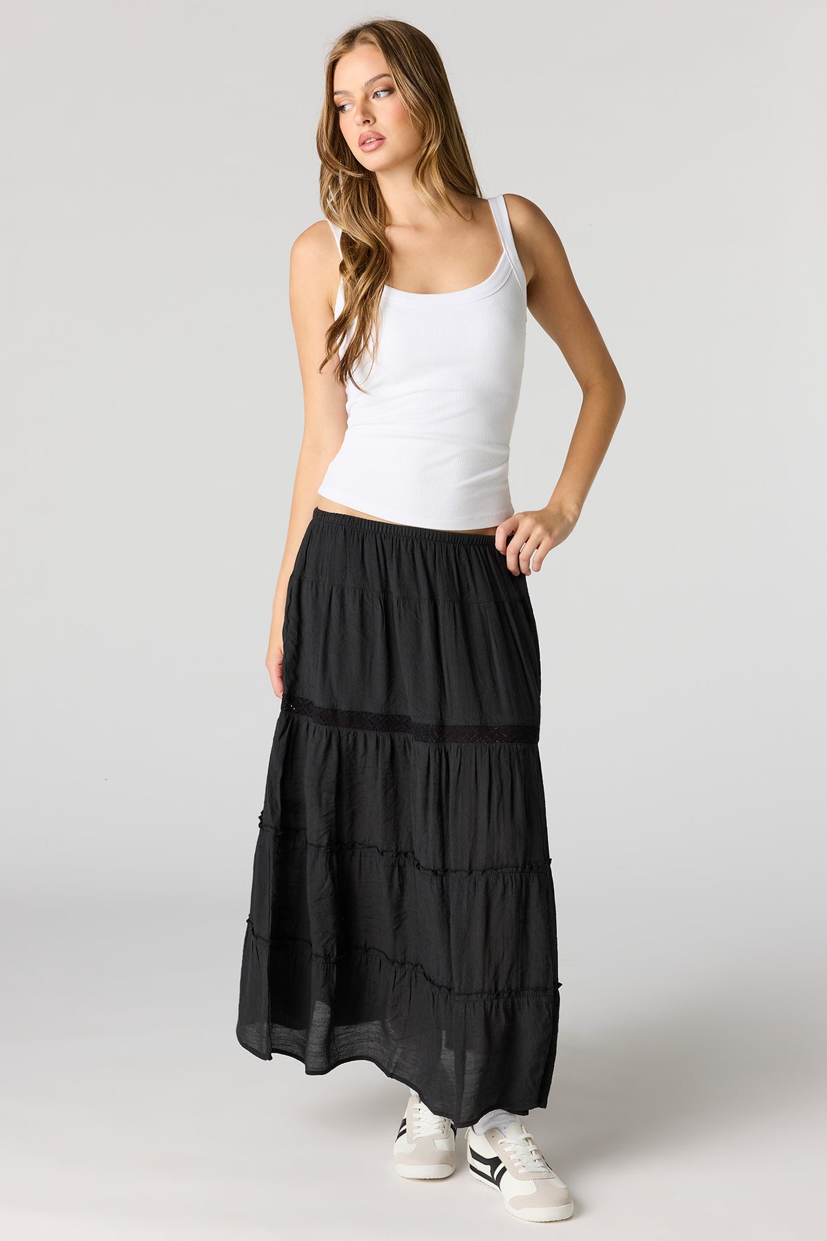 Crochet Detail Tiered Slit Maxi Skirt - Black