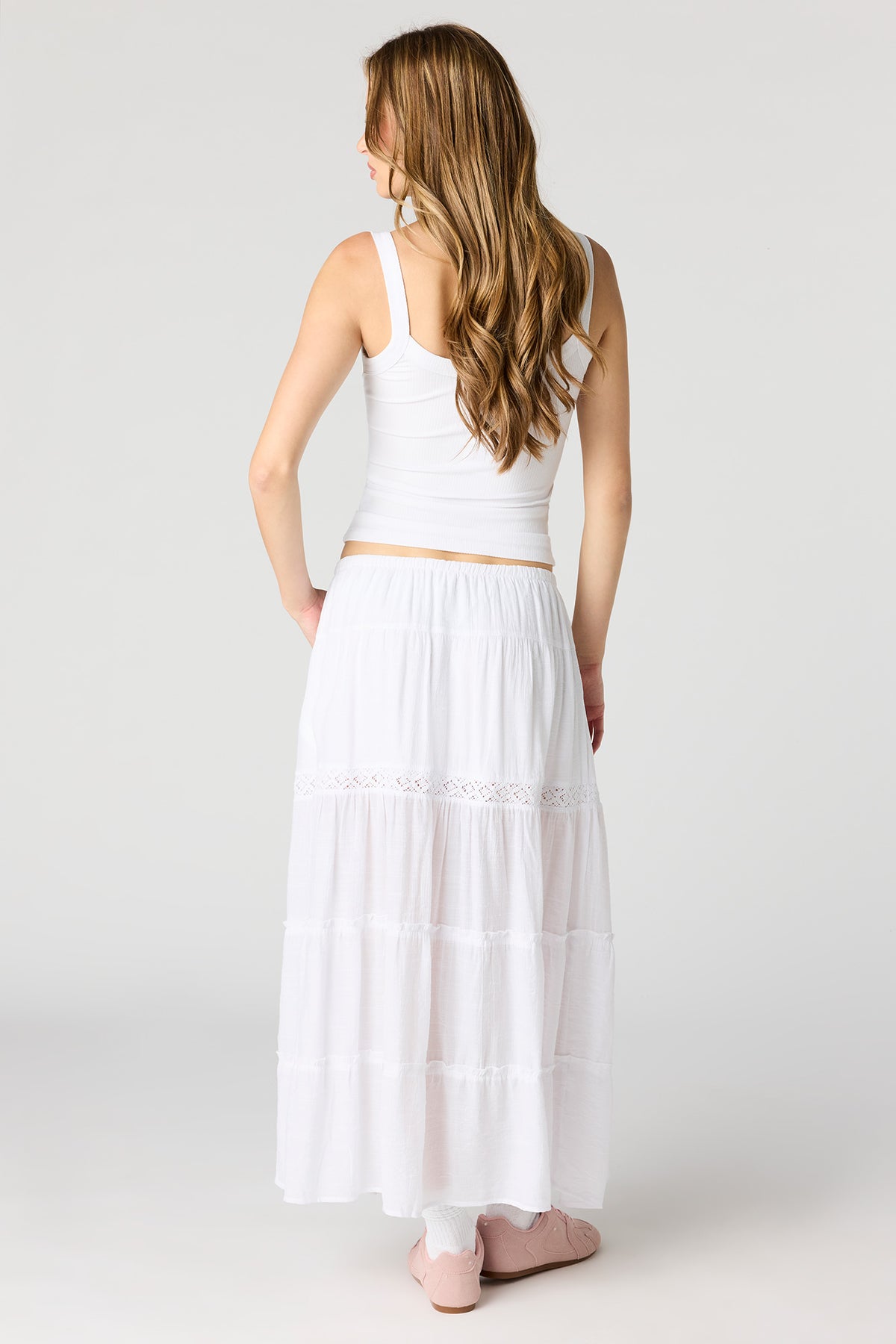 Alt View 3. Crochet Detail Tiered Slit Maxi Skirt - White