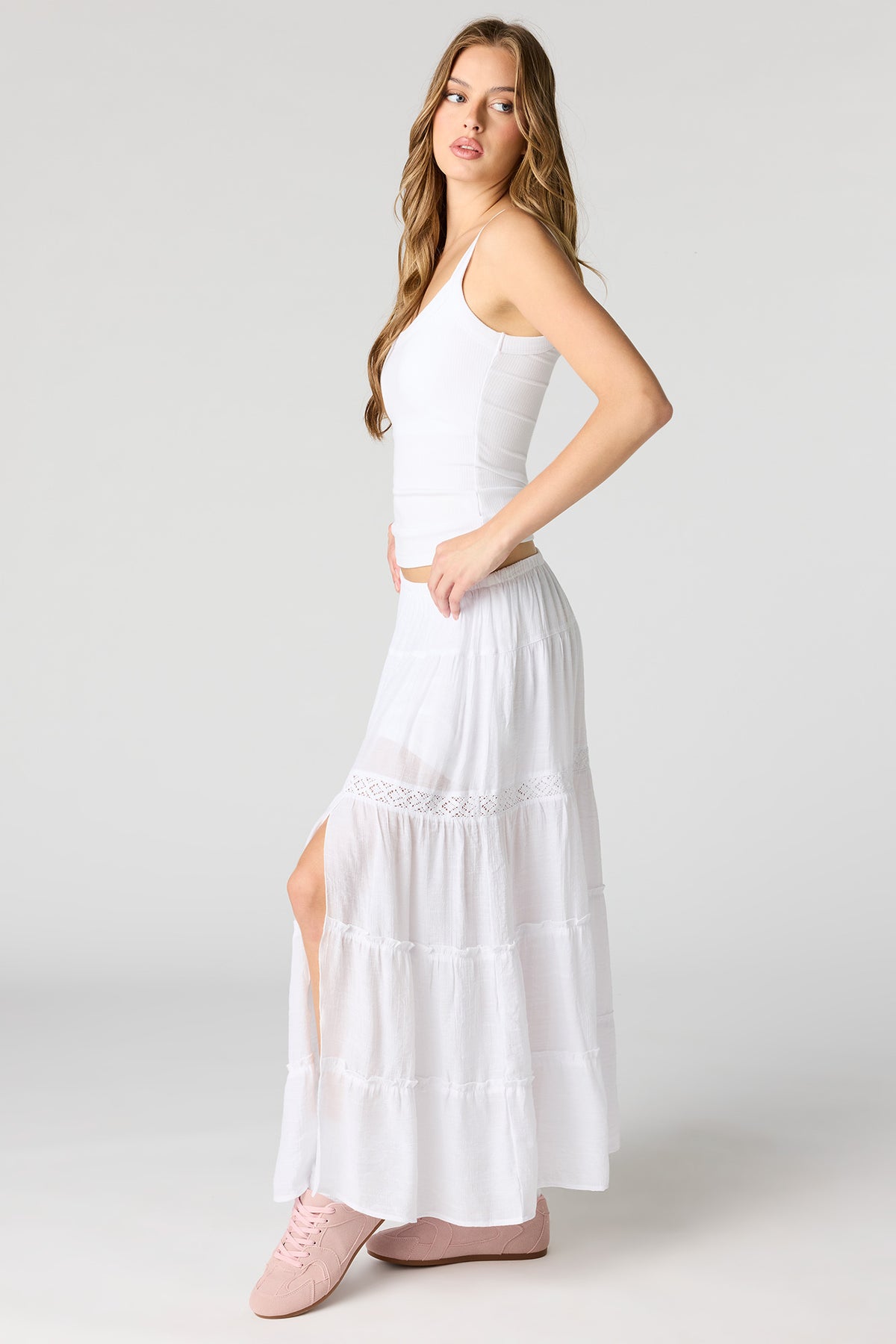 Alt View 2. Crochet Detail Tiered Slit Maxi Skirt - White