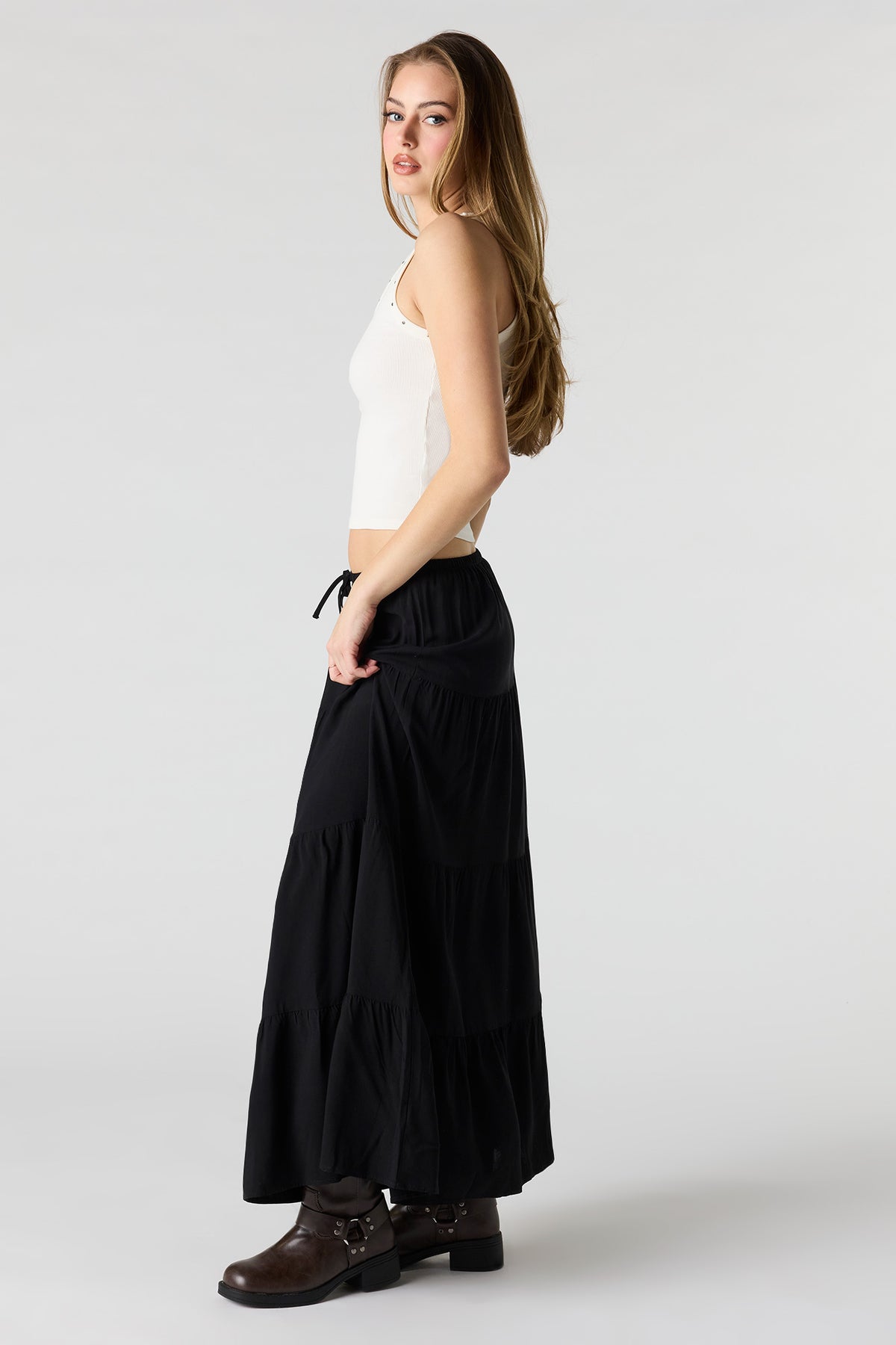 Alt View 2. Drawstring Tiered Maxi Skirt - Black