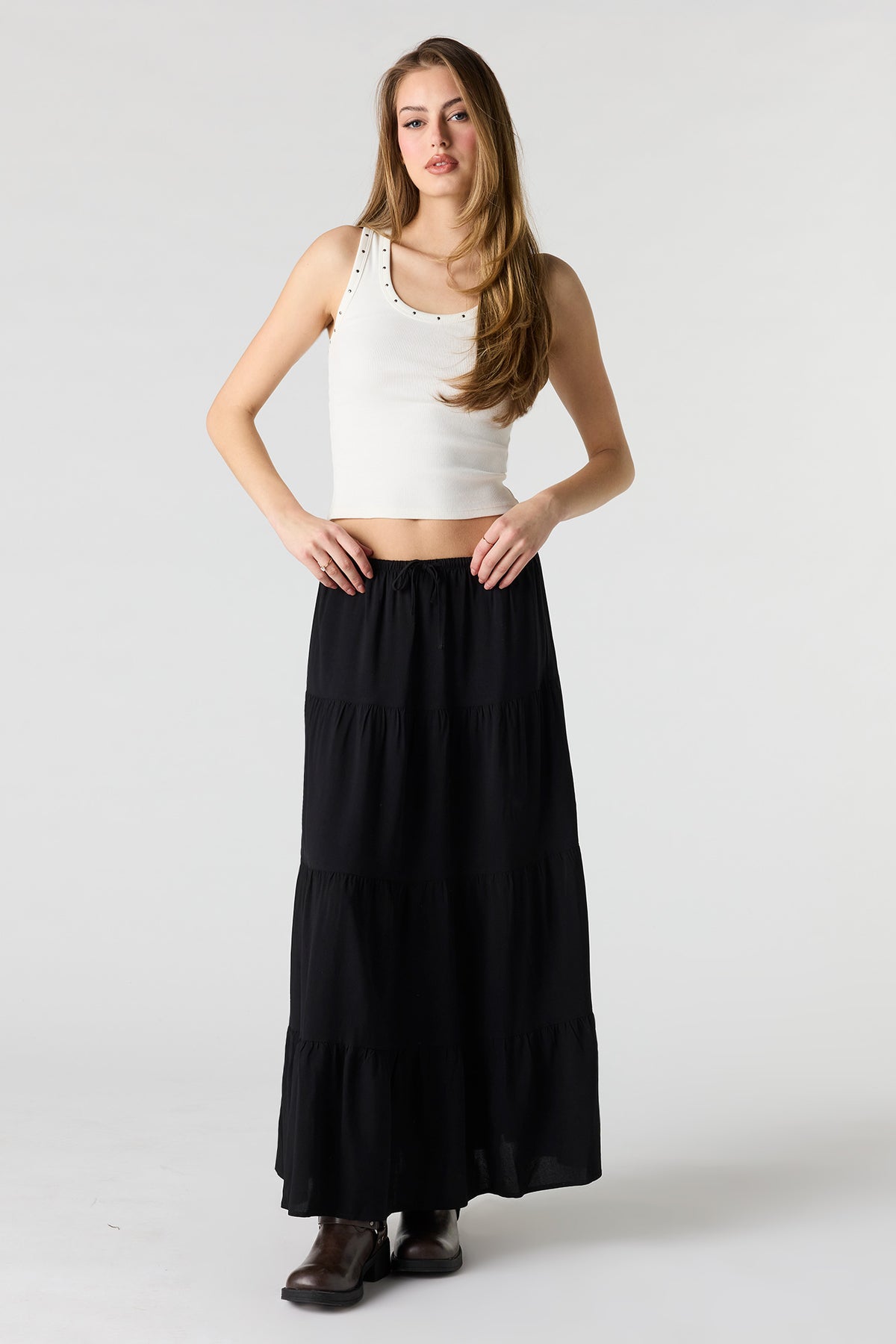 Drawstring Tiered Maxi Skirt - Black