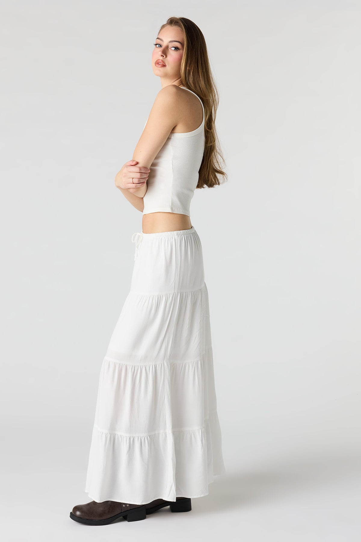 Alt View 2. Drawstring Tiered Maxi Skirt - White