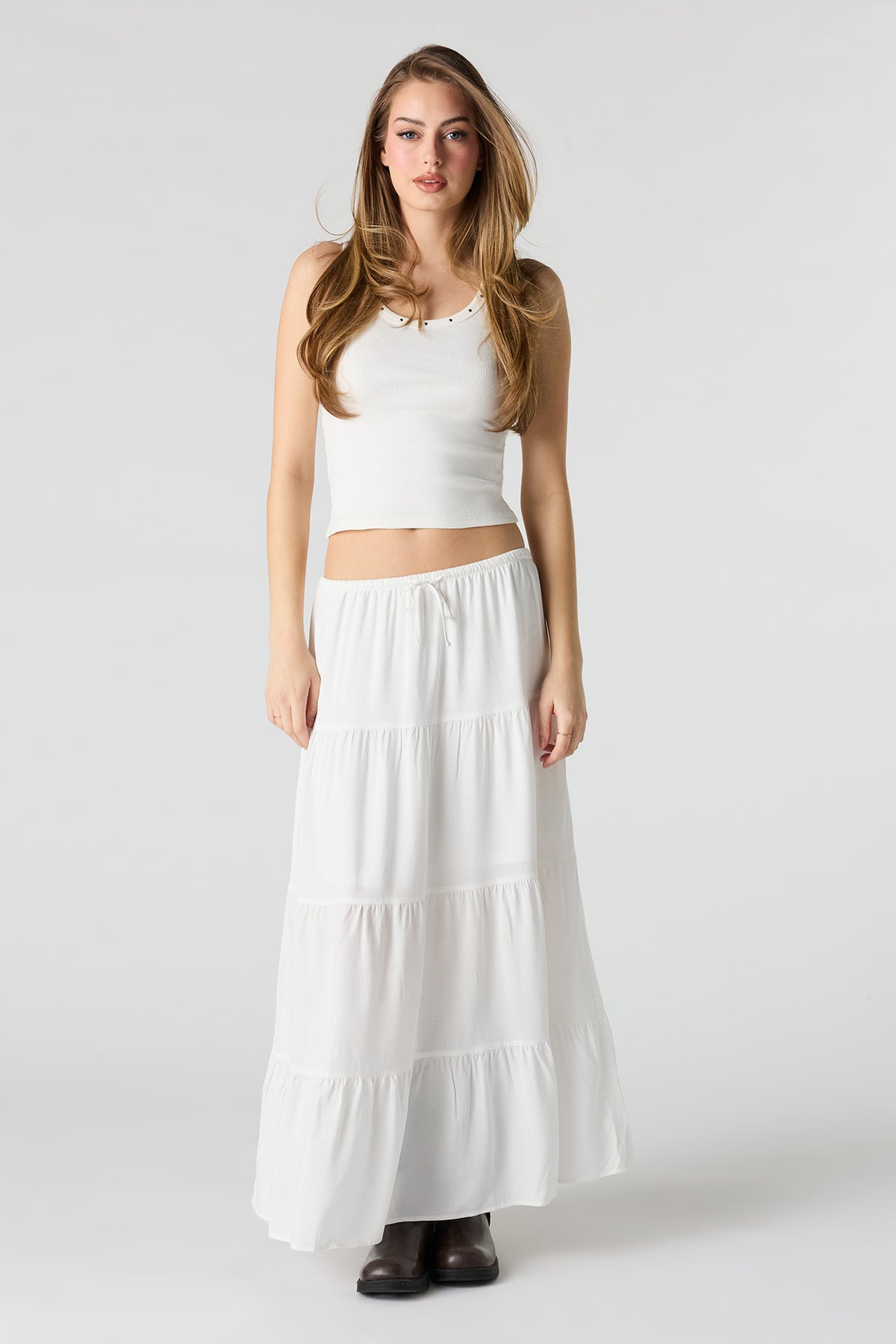 Alt View 4. Drawstring Tiered Maxi Skirt - White