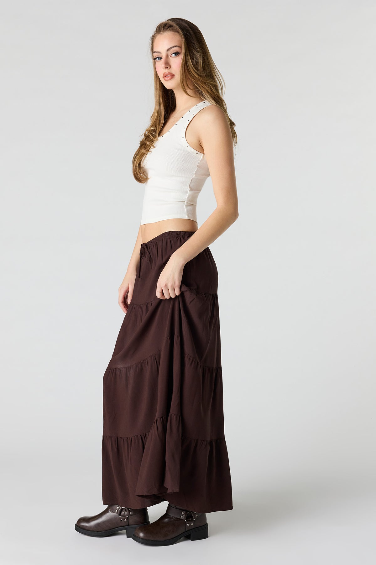 Alt View 2. Drawstring Tiered Maxi Skirt - Brown