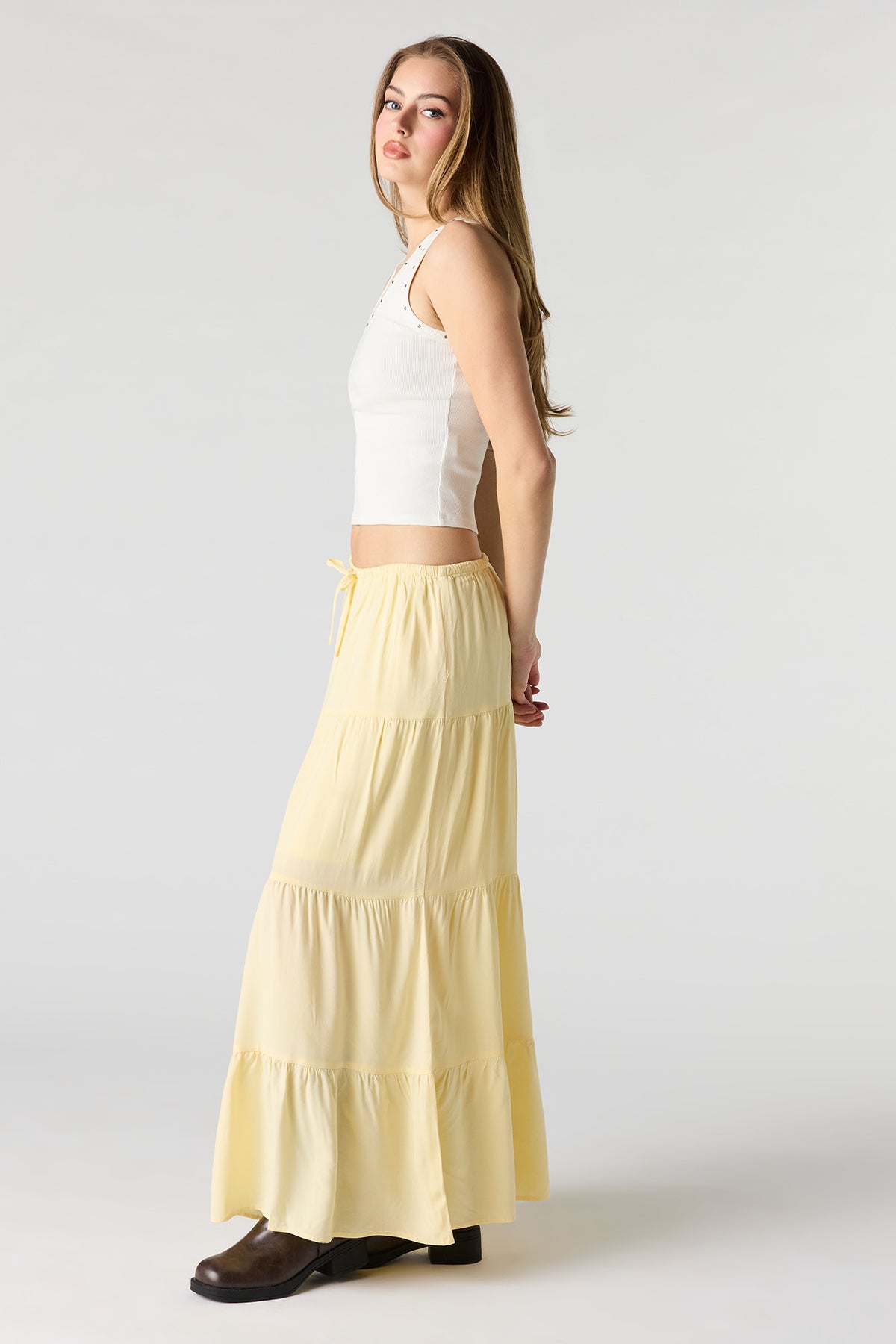 Alt View 2. Drawstring Tiered Maxi Skirt - Pale Yellow