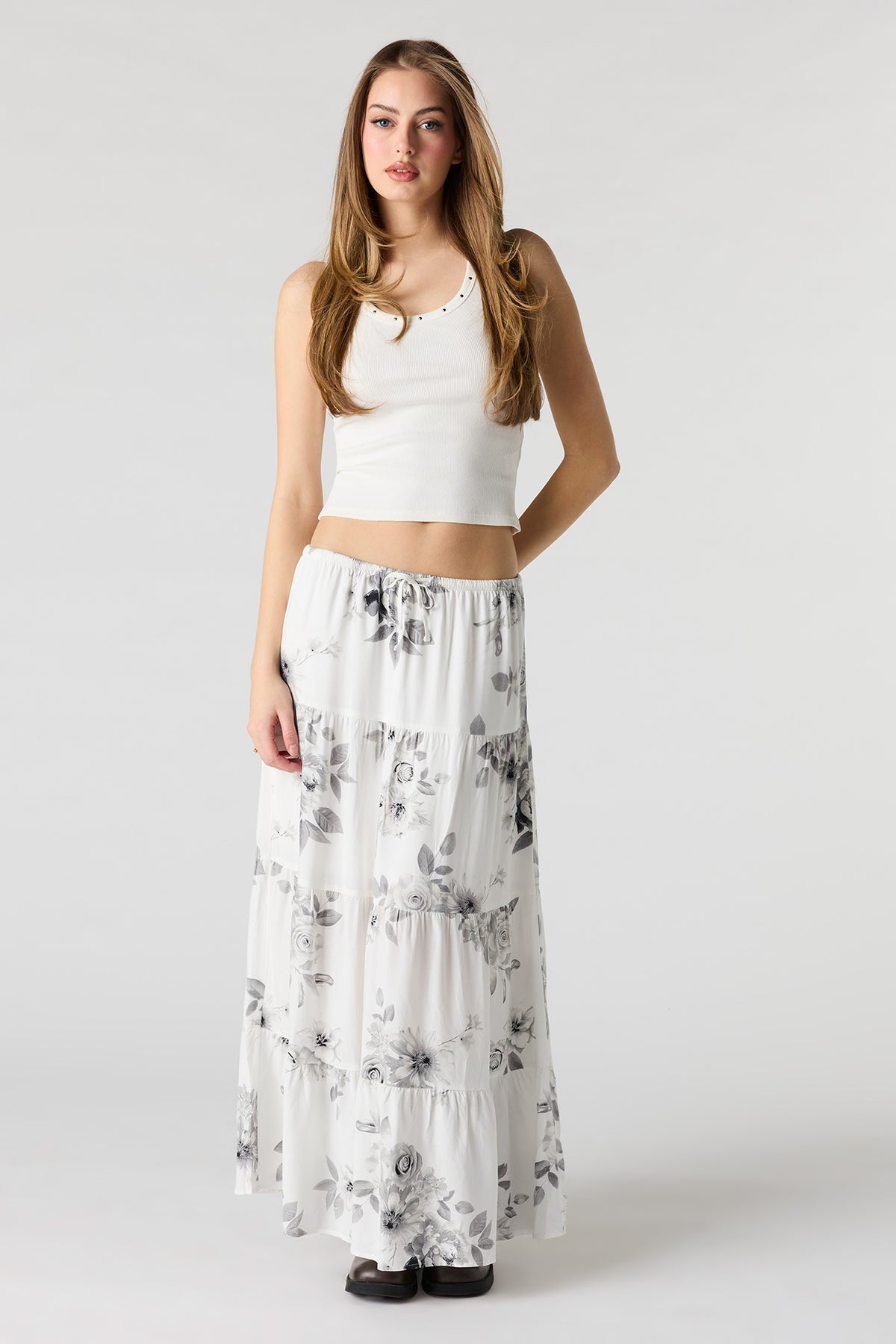 Drawstring Tiered Maxi Skirt - Black with White