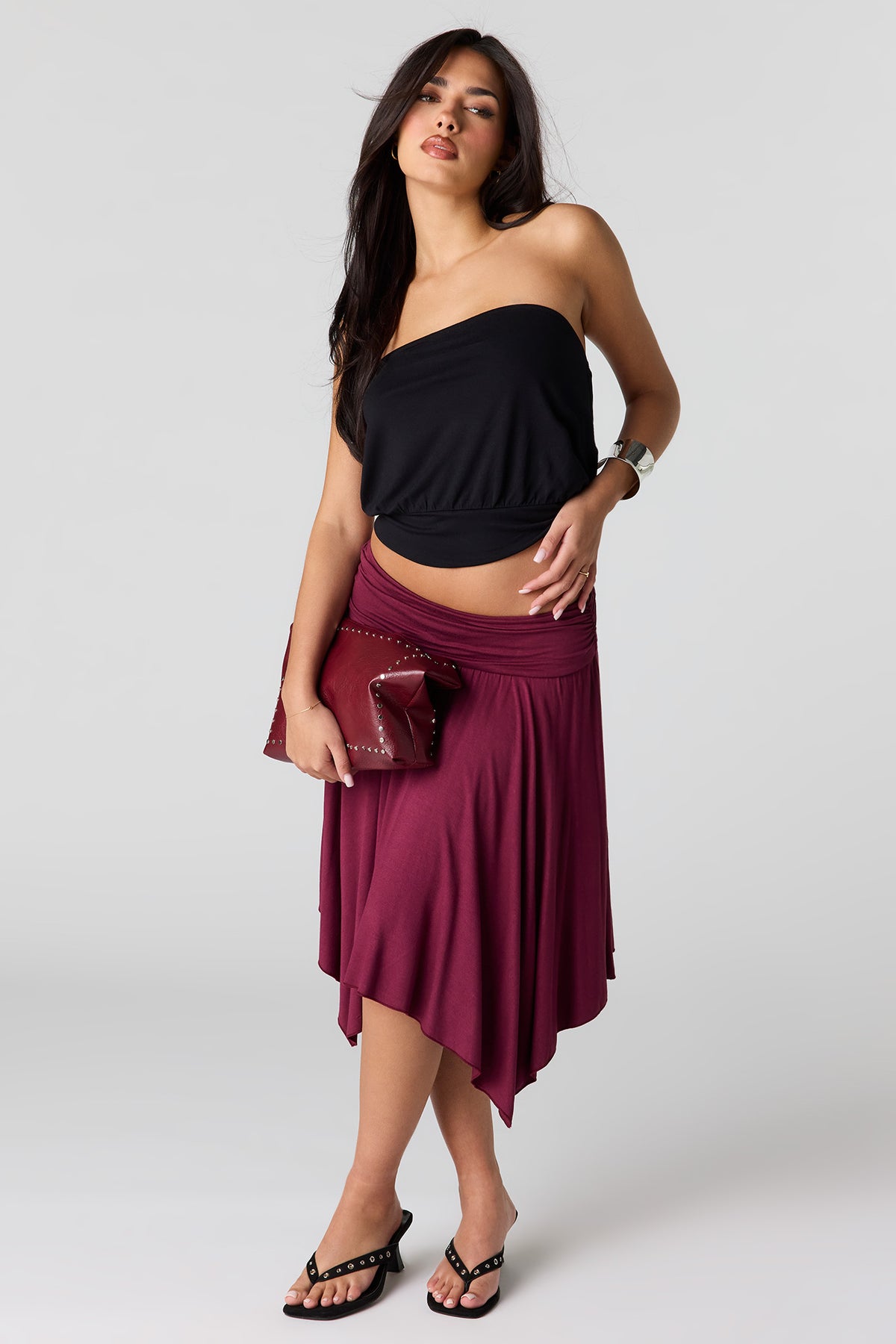 Asymmetrical Midi Skirt - Burgundy