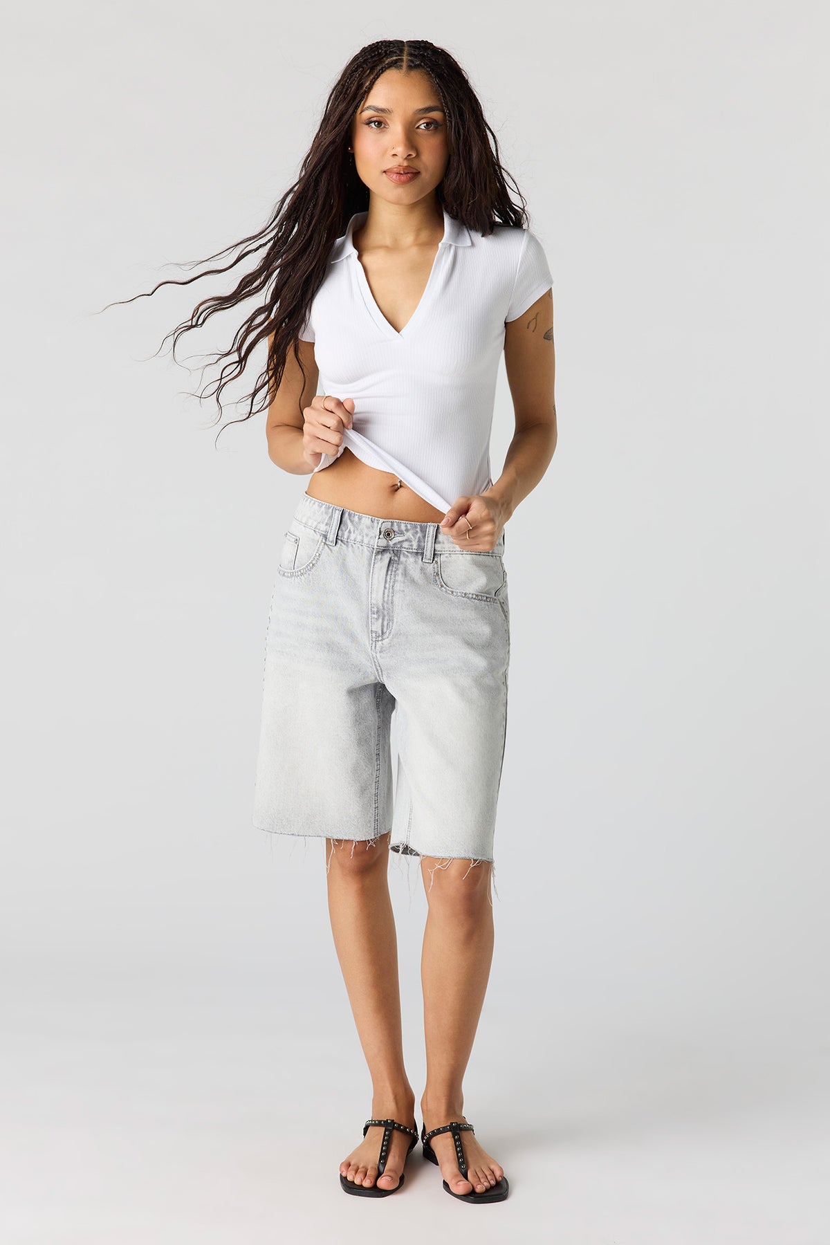 Low Rise Studded Jort 9" - Charcoal