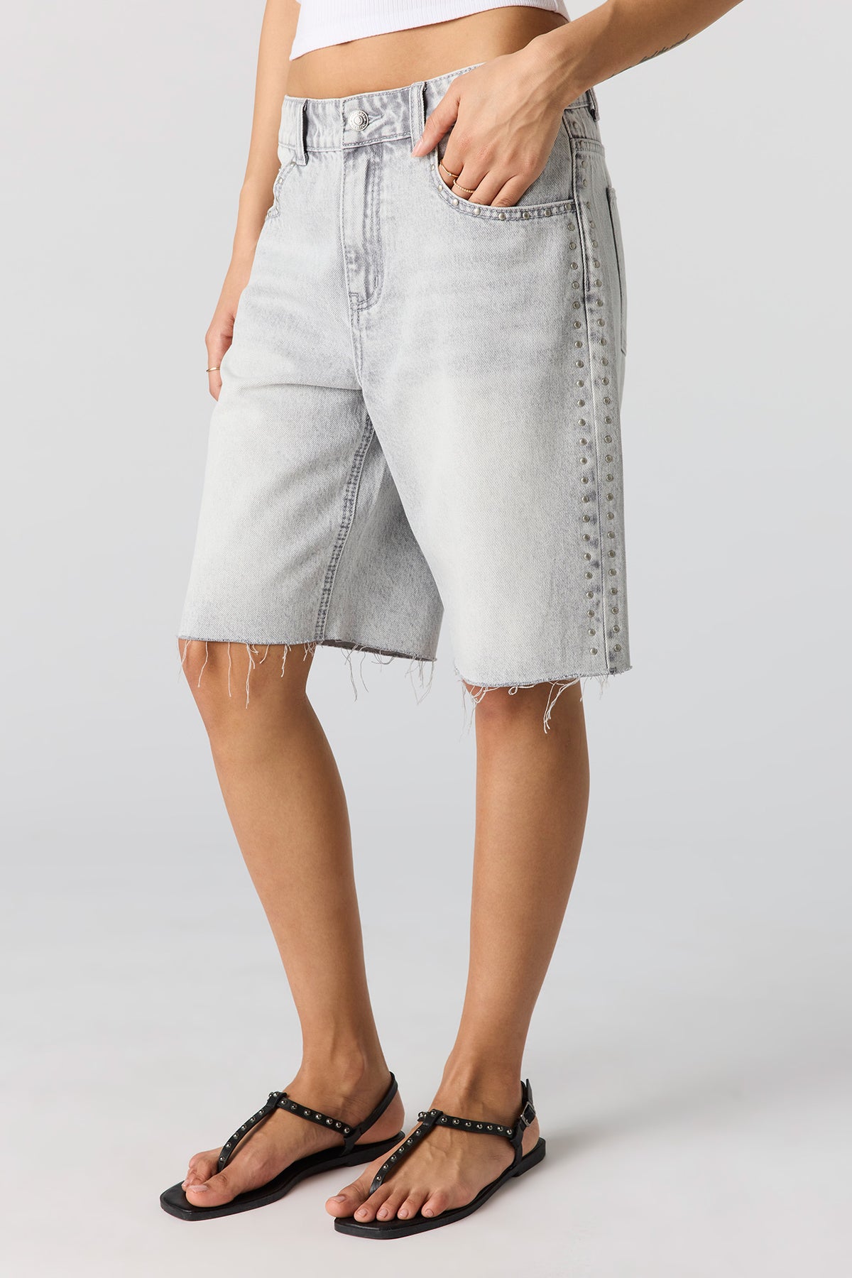 Alt View 2. Low Rise Studded Jort 9" - Charcoal