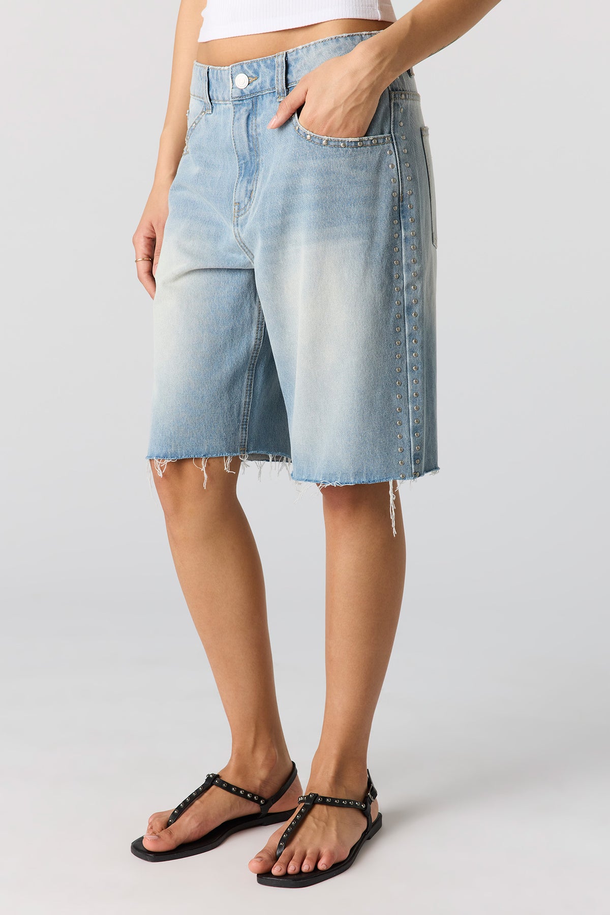 Alt View 2. Low Rise Studded Jort 9" - Sky Blue
