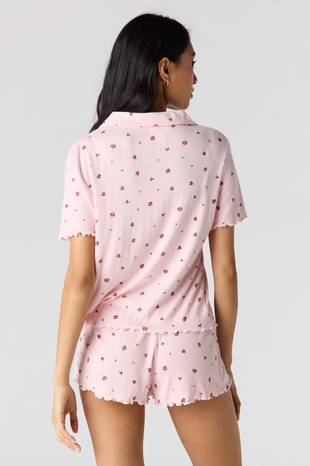 Alt View 2. Pointelle Button-Up Top & Short Pajama Set - Pink