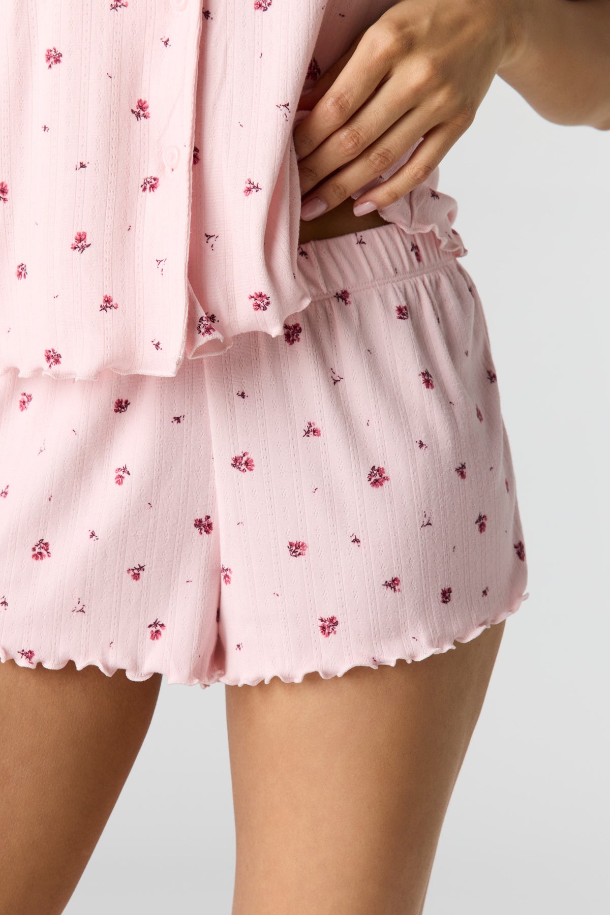 Alt View 4. Pointelle Button-Up Top & Short Pajama Set - Pink