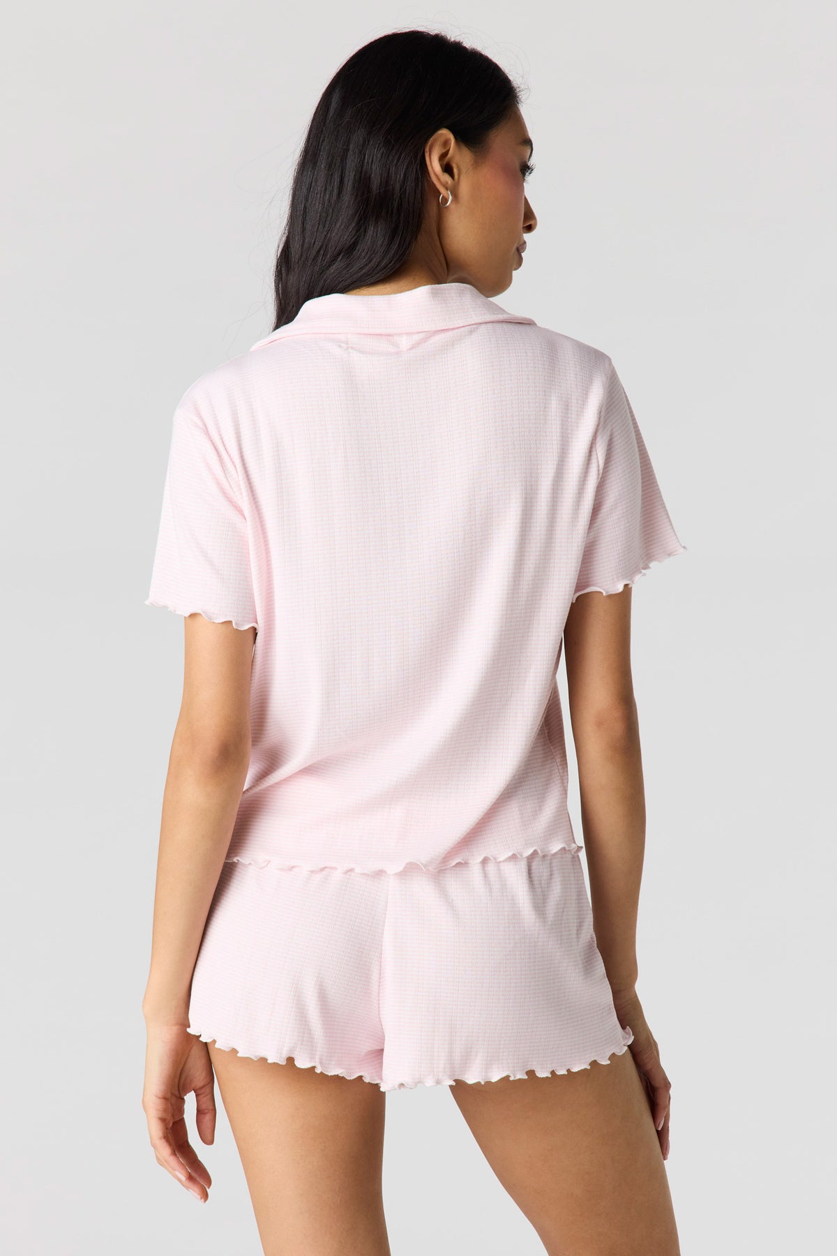 Alt View 2. Pointelle Button-Up Top & Short Pajama Set - Light Pink