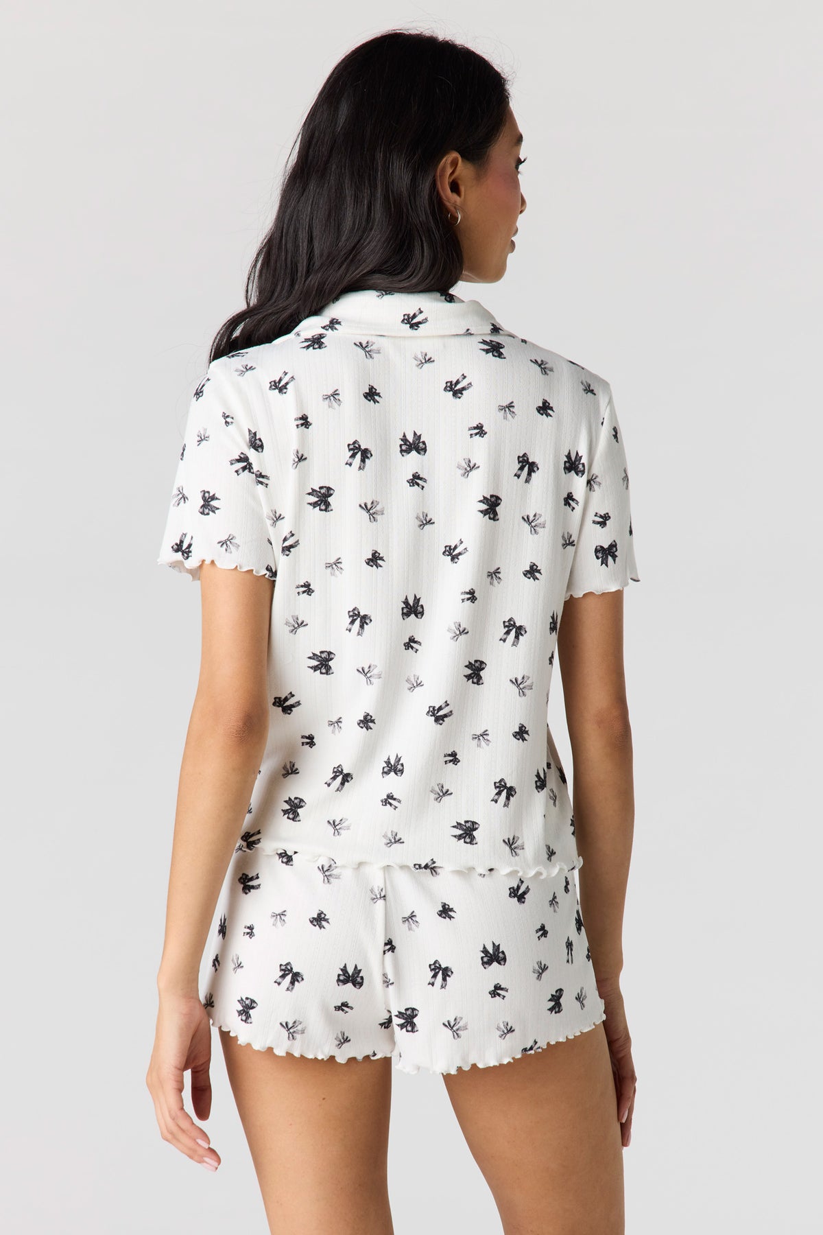 Alt View 2. Pointelle Button-Up Top & Short Pajama Set - Black with White