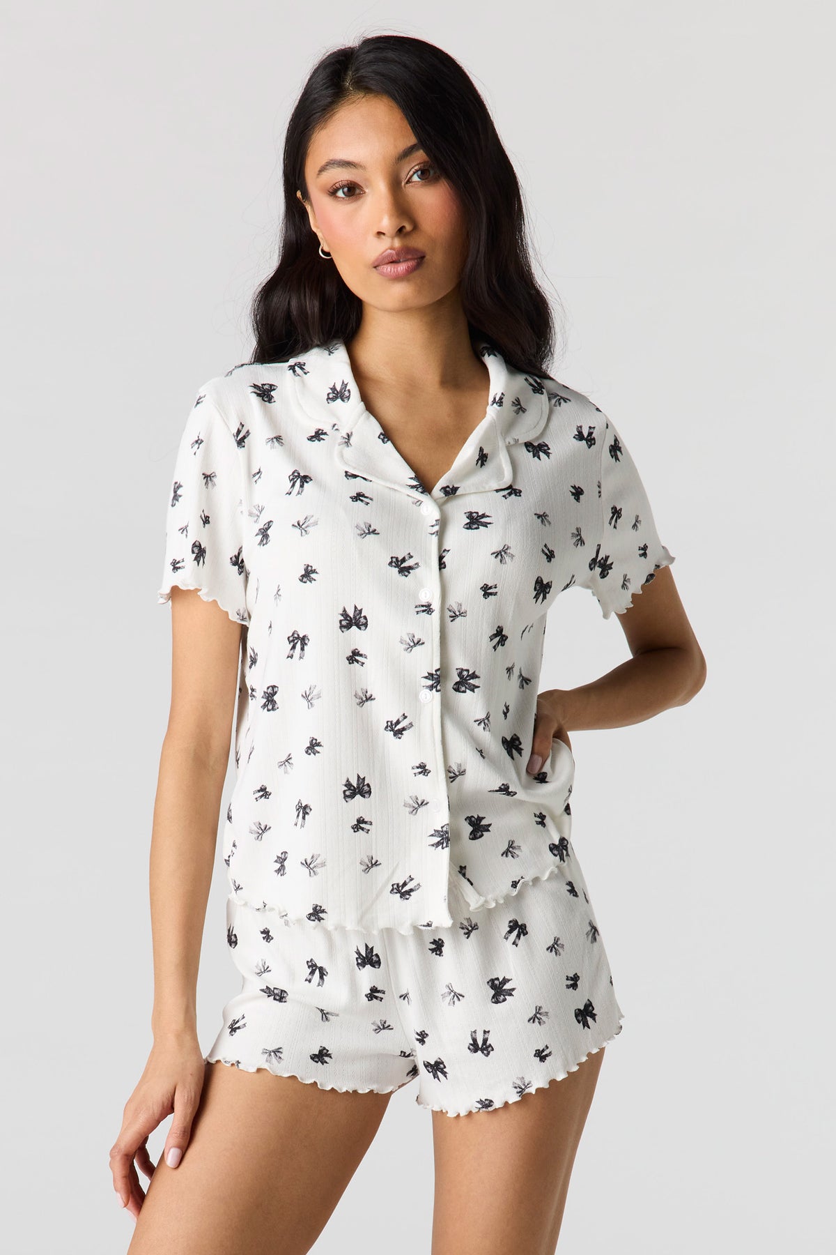 Pointelle Button-Up Top & Short Pajama Set - Black with White