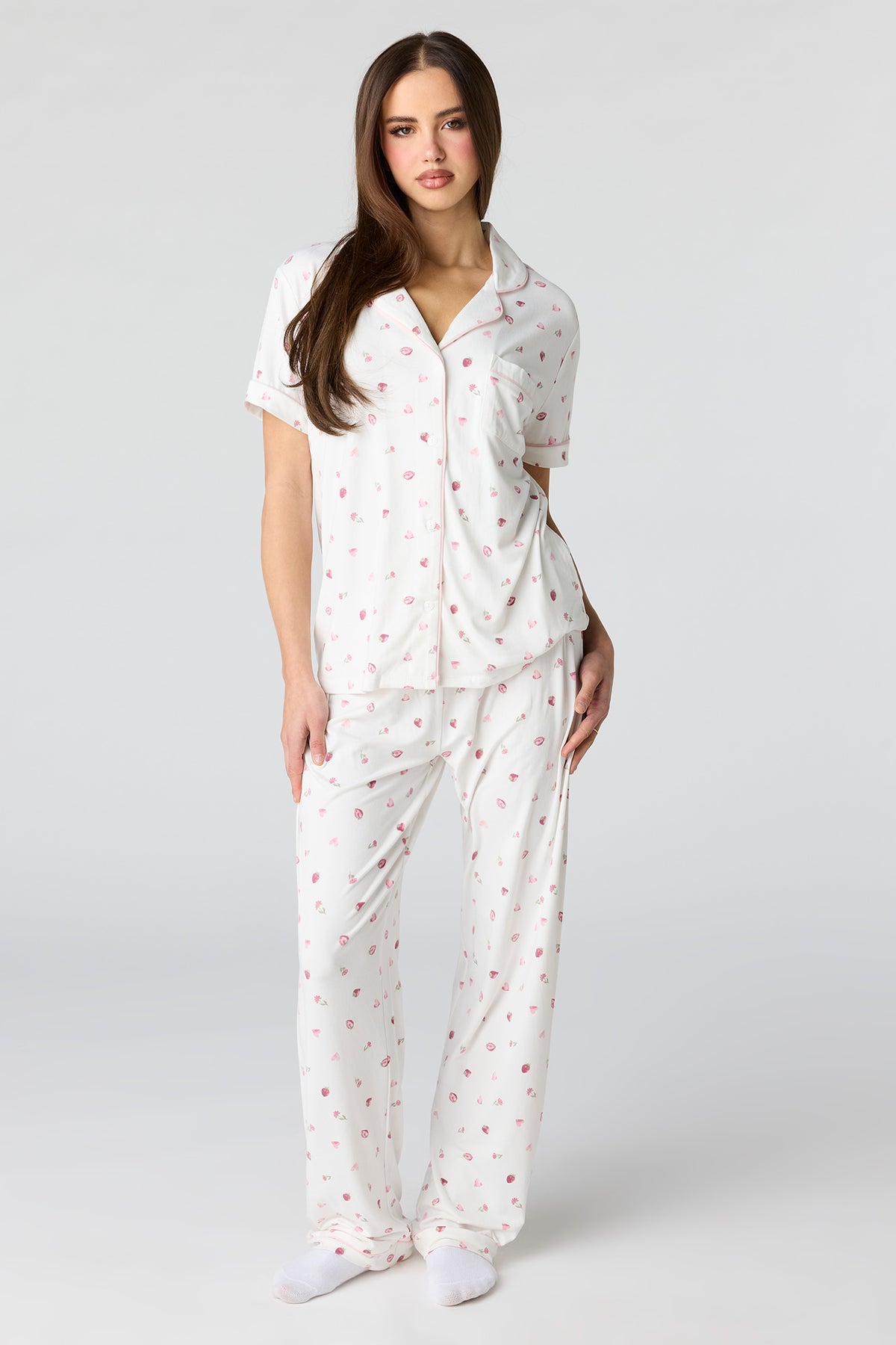 Collared Button-Up Top & Pant Pajama Set - Ivory