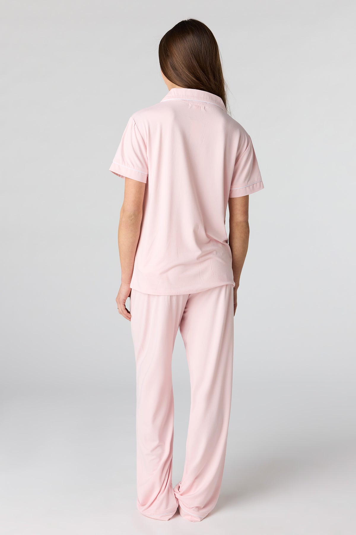 Alt View 4. Collared Button-Up Top & Pant Pajama Set - Peach