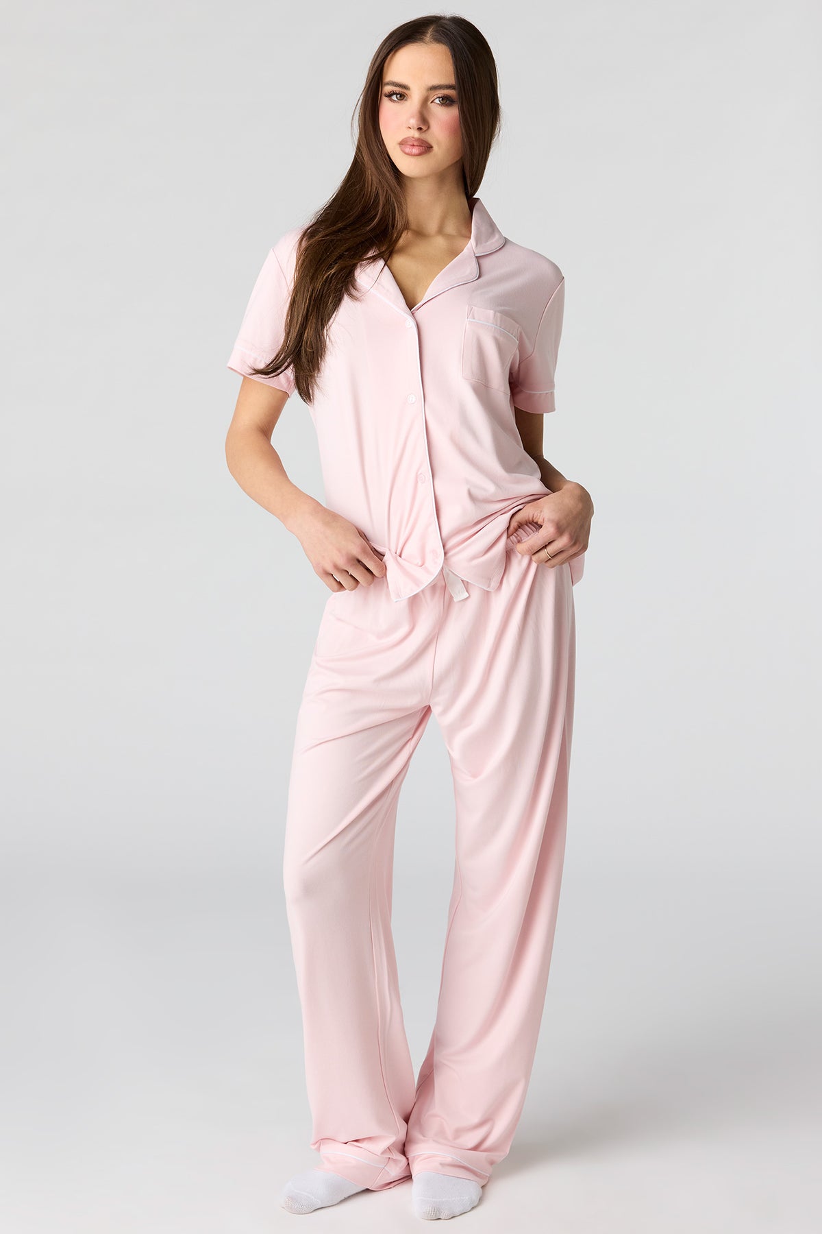Collared Button-Up Top & Pant Pajama Set - Peach