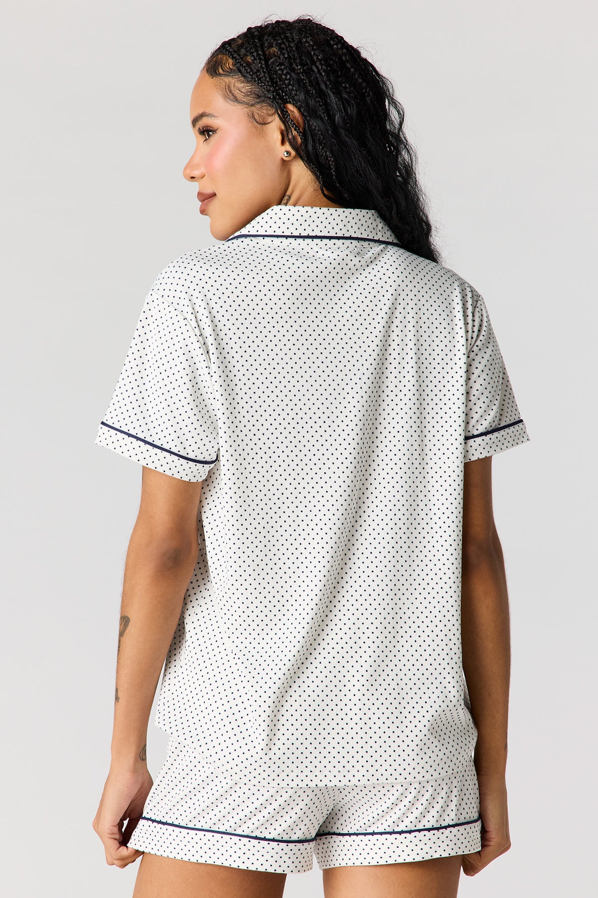 Alt View 3. Button-Up Collared Top & Short Pajama Set - White