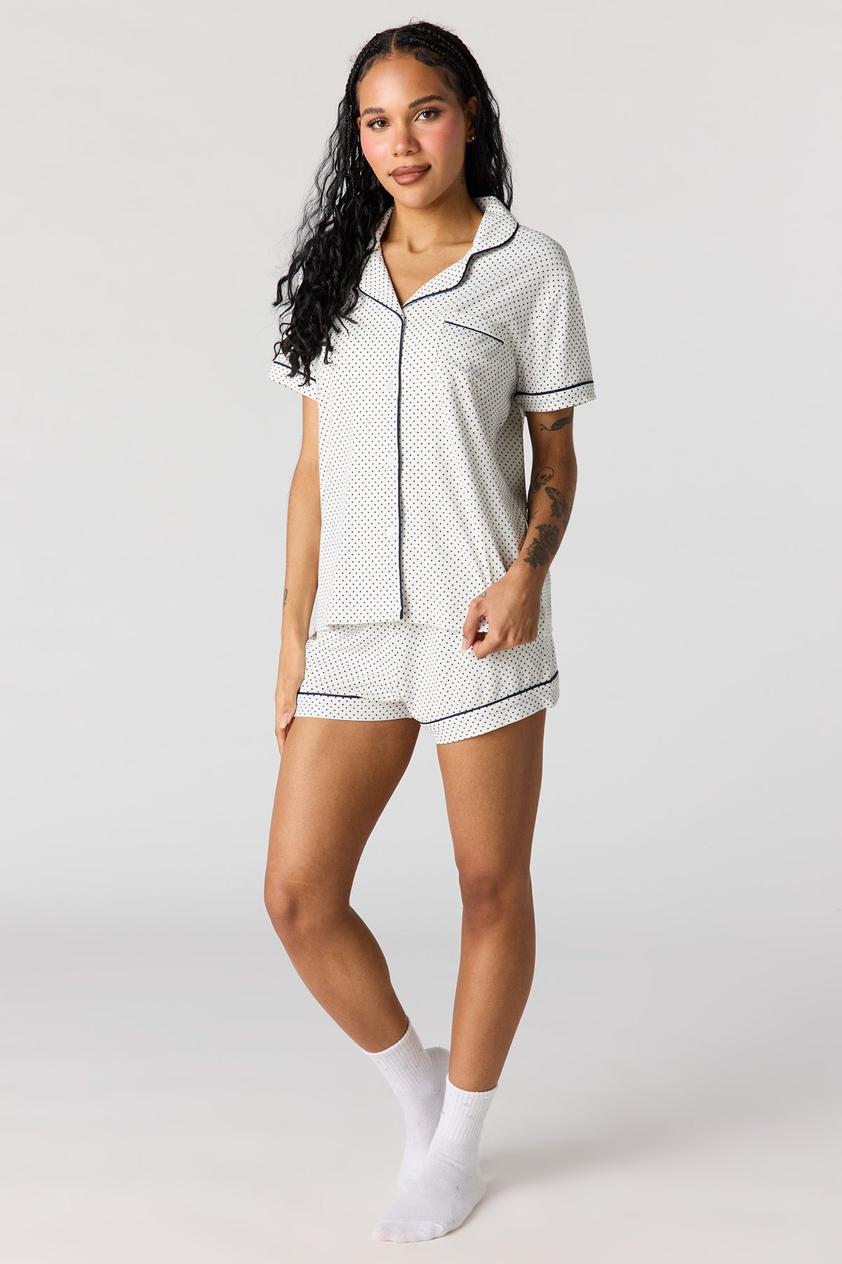 Alt View 4. Button-Up Collared Top & Short Pajama Set - White