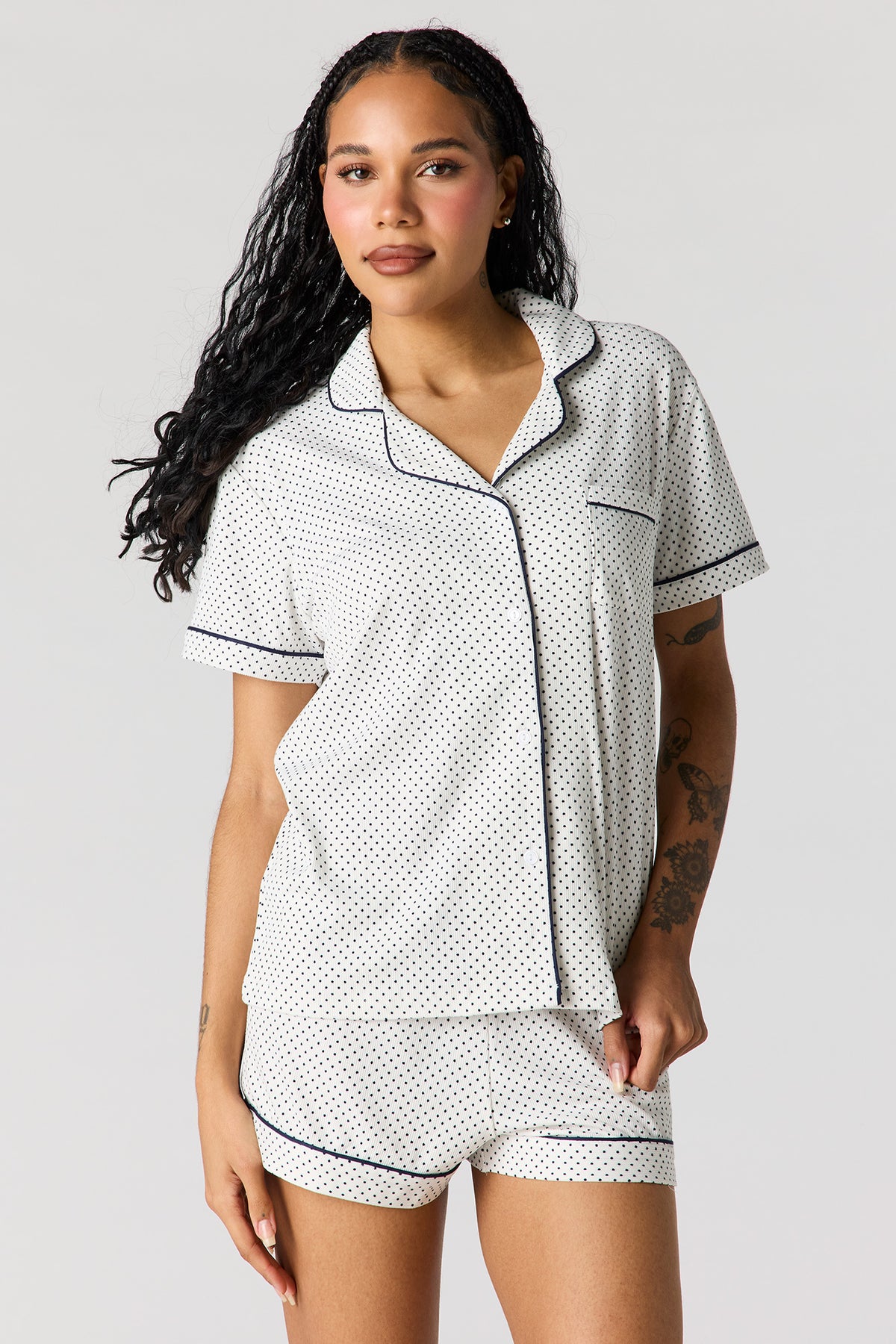 Alt View 2. Button-Up Collared Top & Short Pajama Set - White