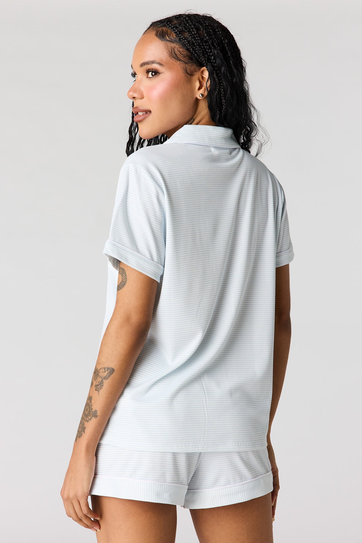 Alt View 2. Button-Up Collared Top & Short Pajama Set - Light Blue