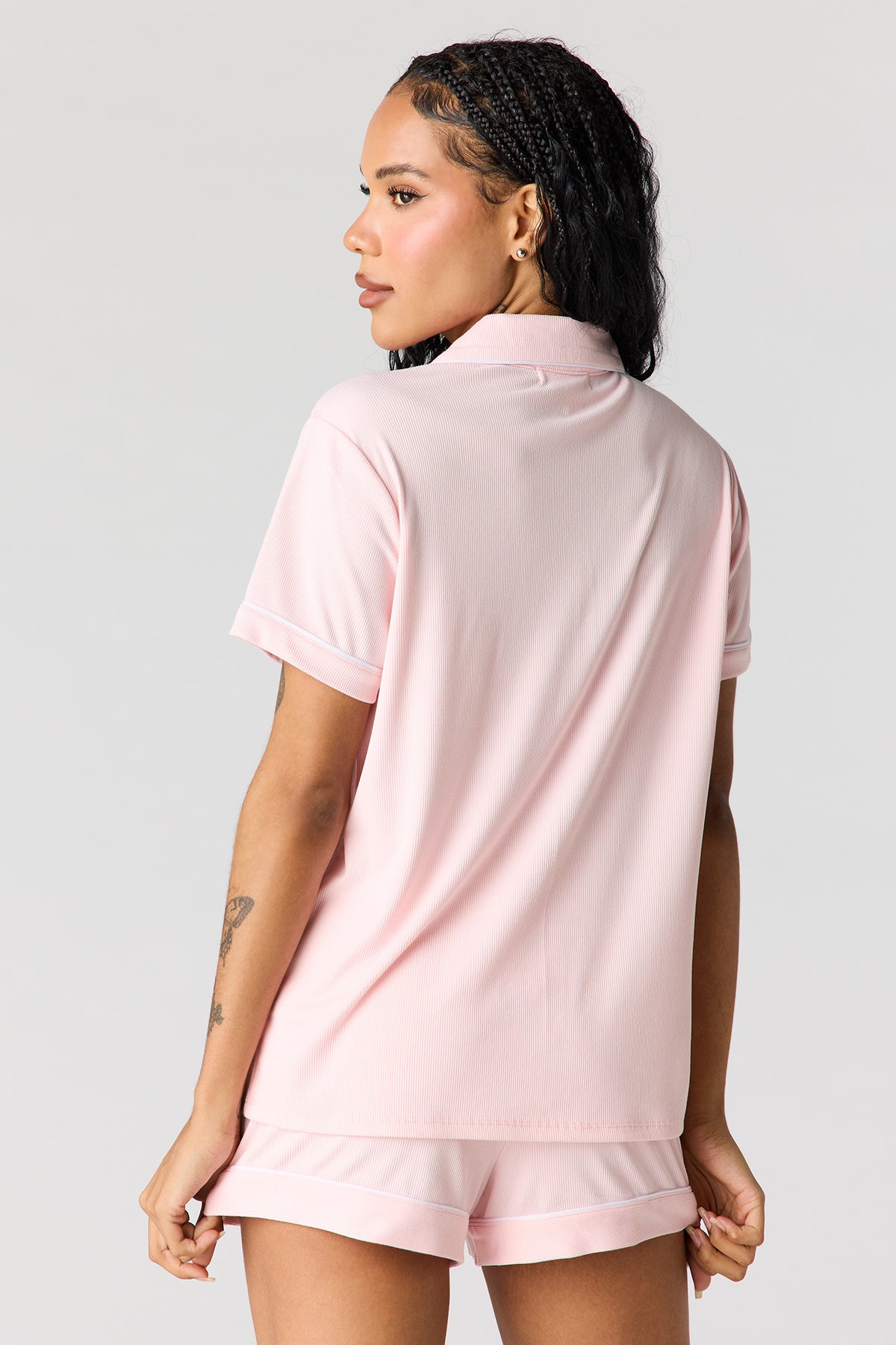Alt View 3. Button-Up Collared Top & Short Pajama Set - Pink