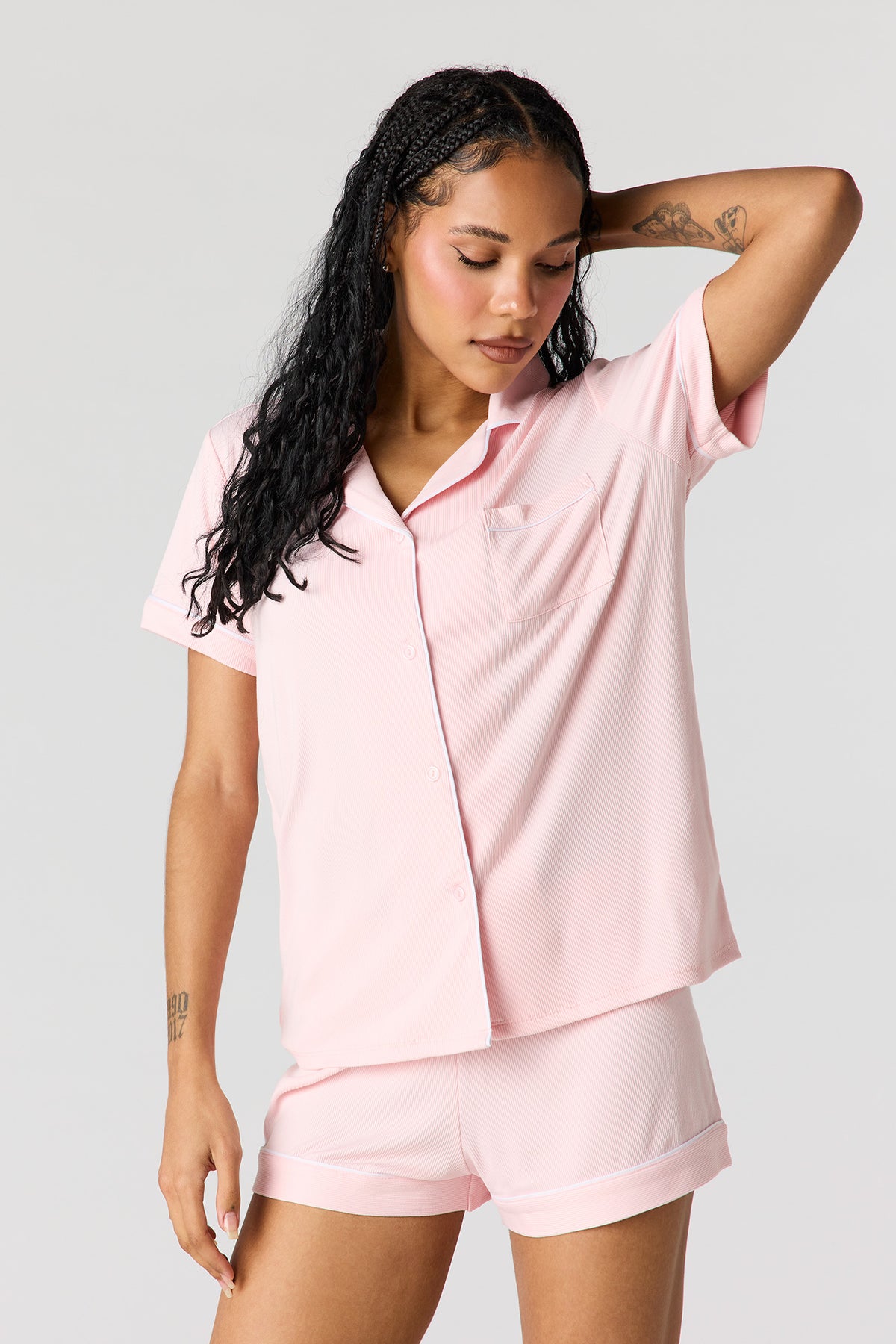 Alt View 2. Button-Up Collared Top & Short Pajama Set - Pink
