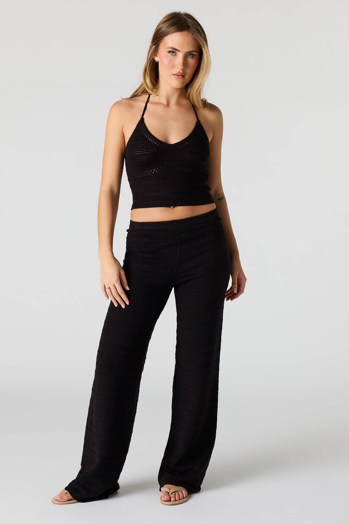 Crochet Halter Tank & Pant Set - Black