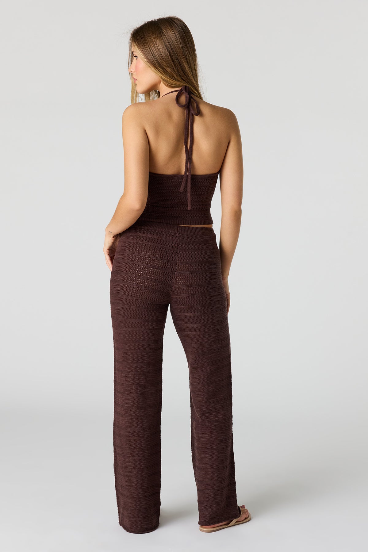 Alt View 4. Crochet Halter Tank & Pant Set - Brown