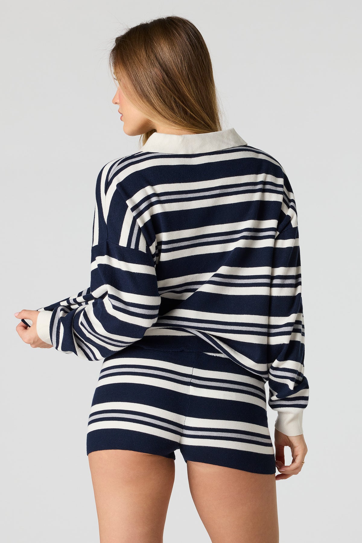 Alt View 2. Striped Long Sleeve Knit Polo & Short Set - Navy