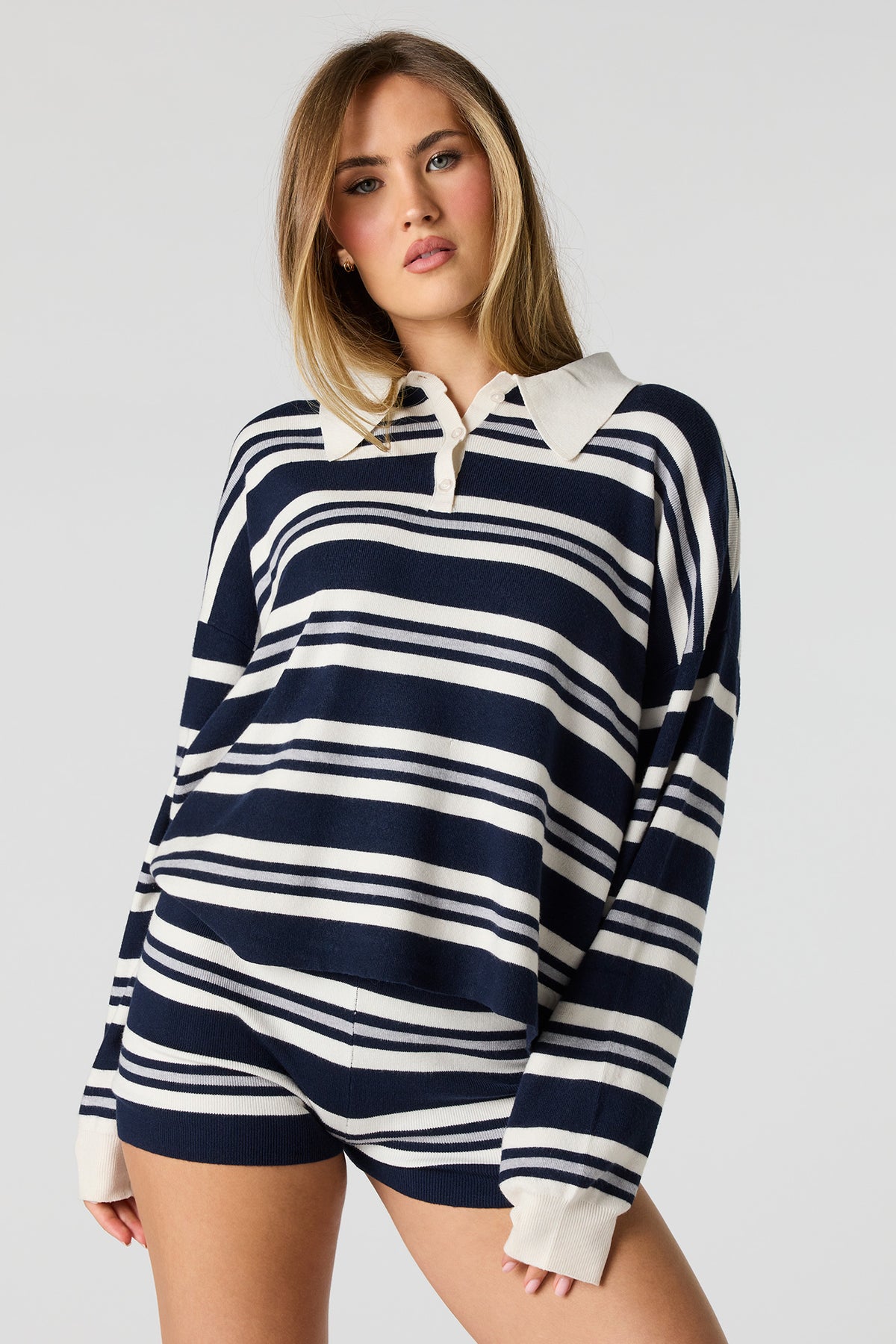 Alt View 5. Striped Long Sleeve Knit Polo & Short Set - Navy