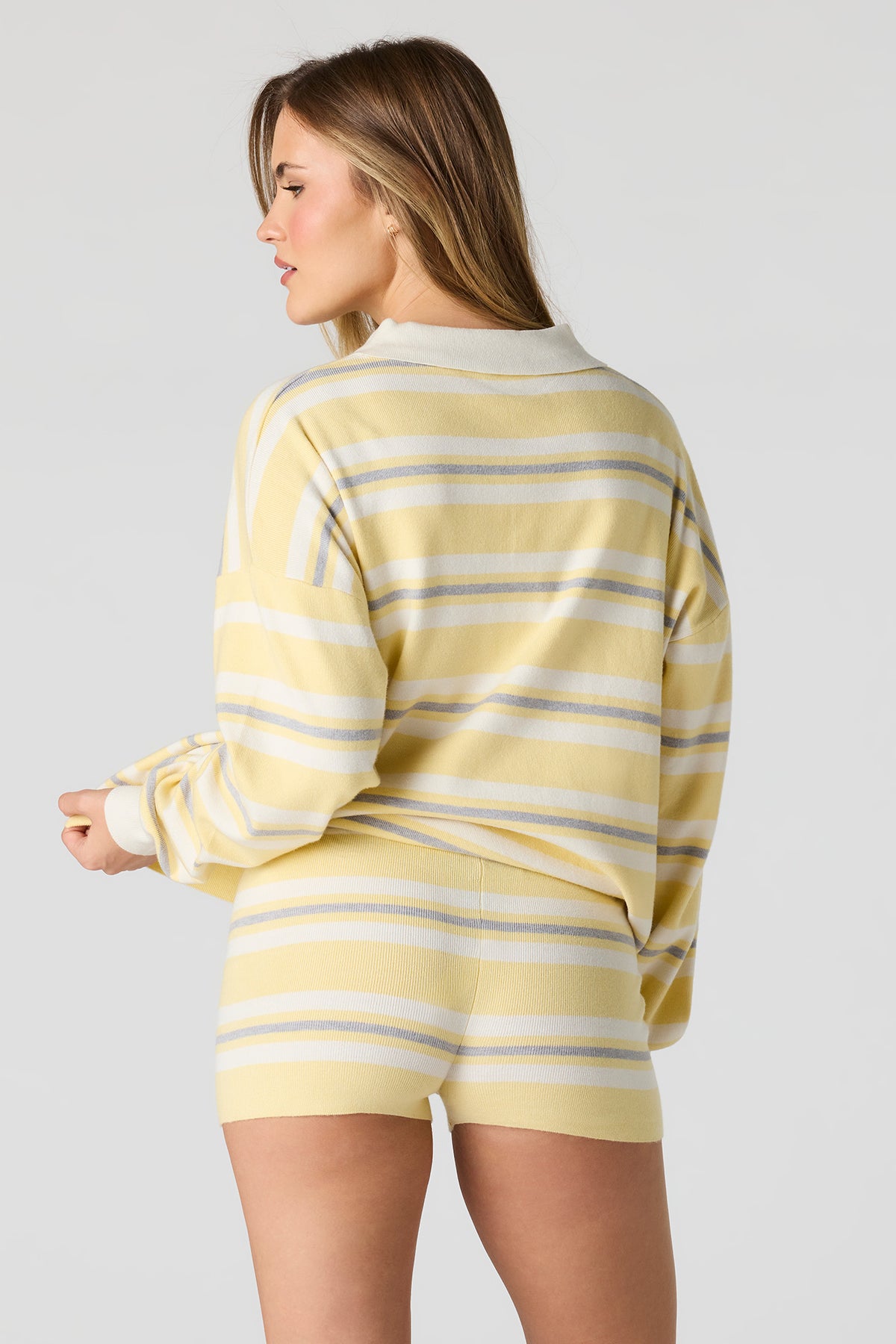 Alt View 2. Striped Long Sleeve Knit Polo & Short Set - Yellow