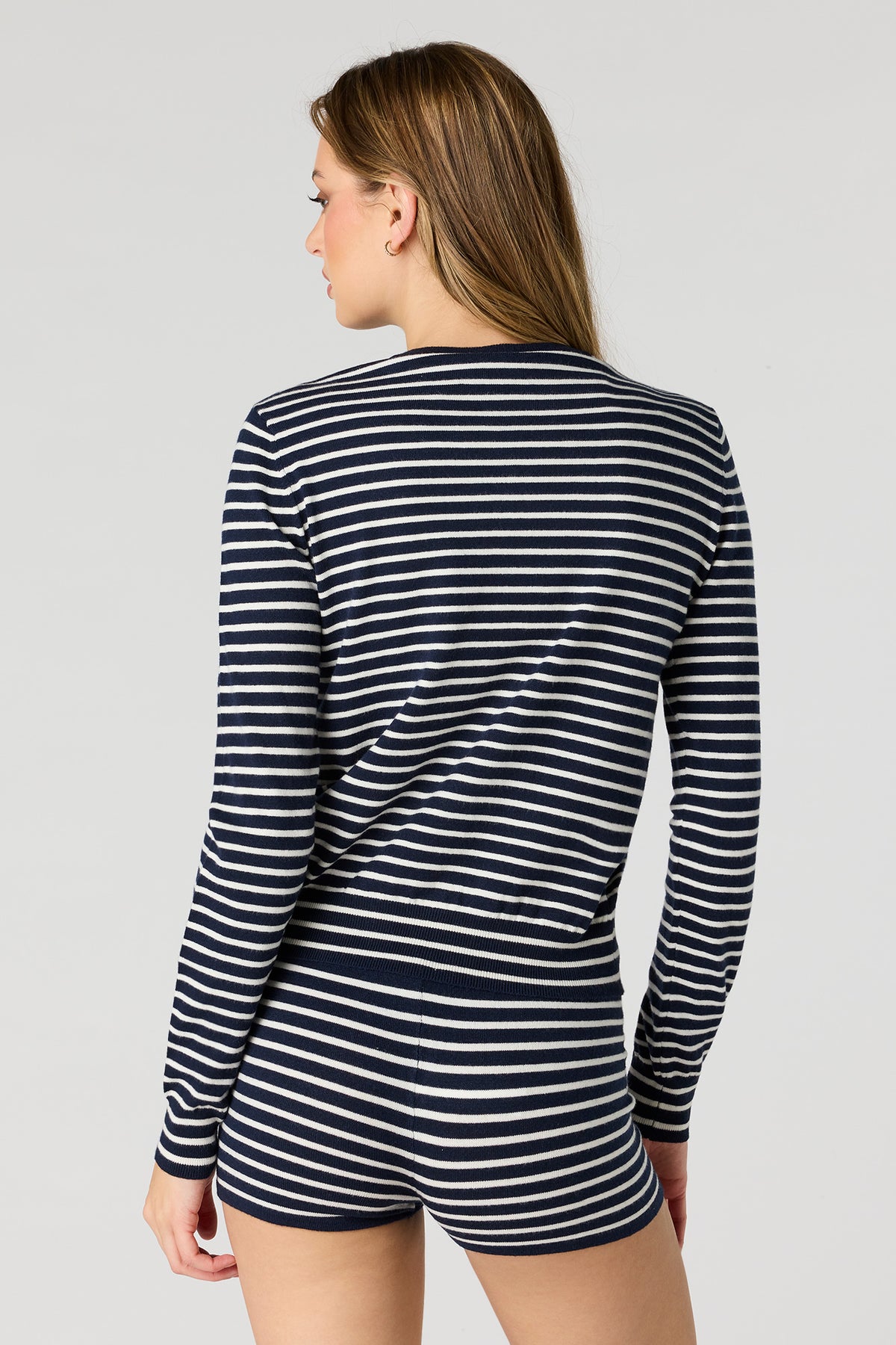 Alt View 2. Button-Up Cardigan & Knit Short Set - Navy