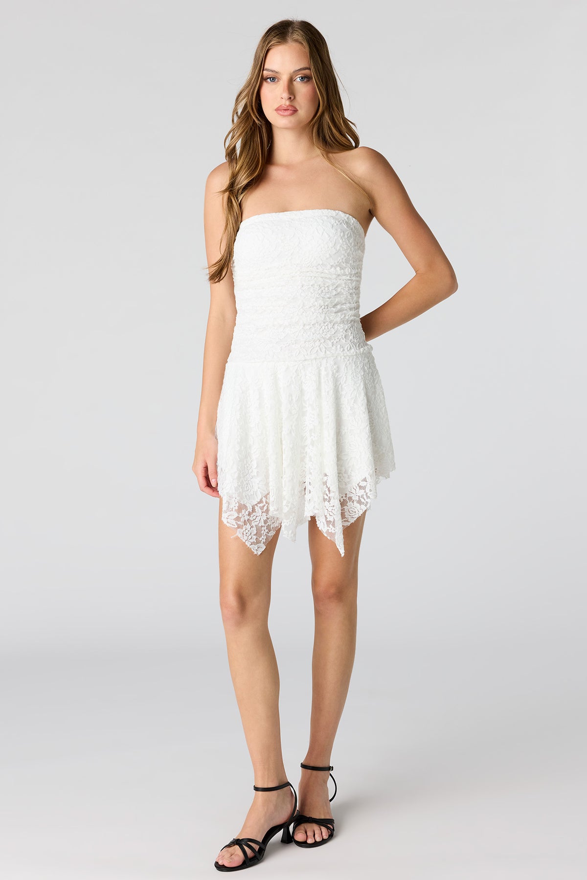Alt View 3. Braless Lace Asymmetrical Mini Dress - Cream