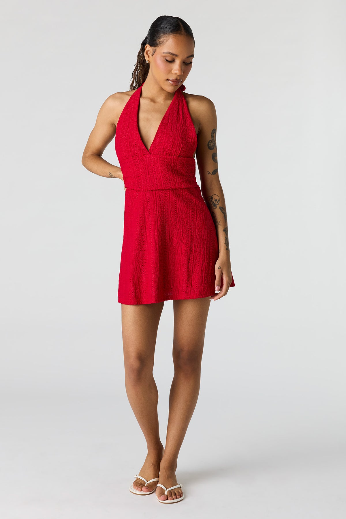 Alt View 3. Textured Mini Halter Dress - Red