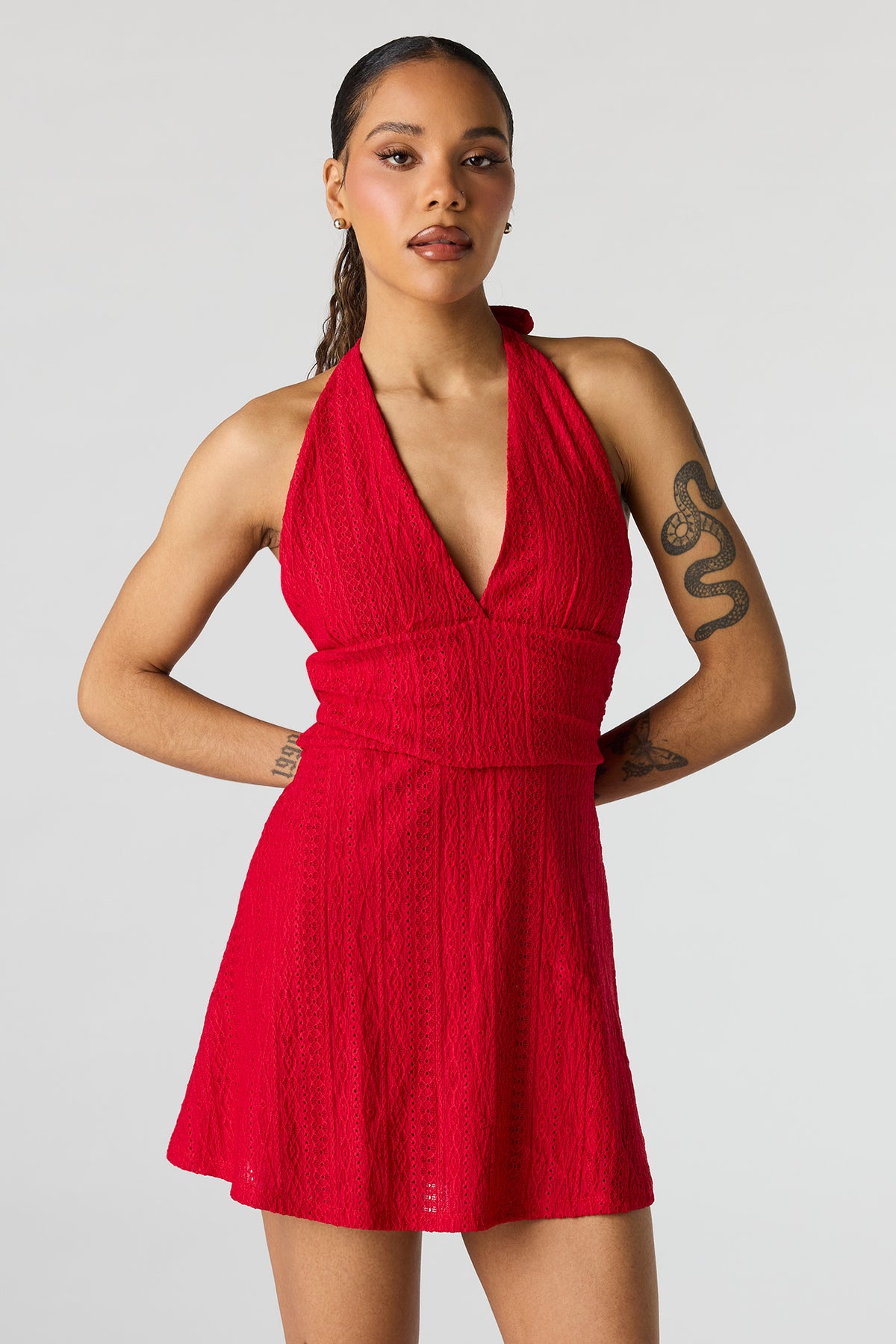 Textured Mini Halter Dress - Red