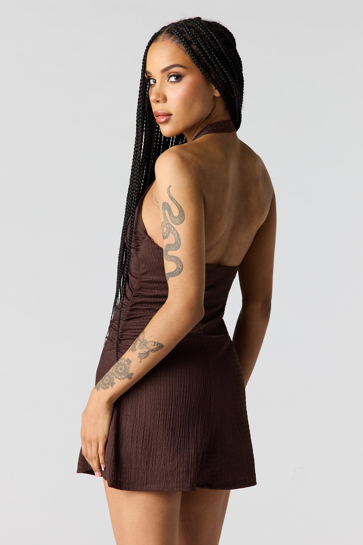 Alt View 2. Textured Cut-Out Front Cinched Mini Dress - Brown