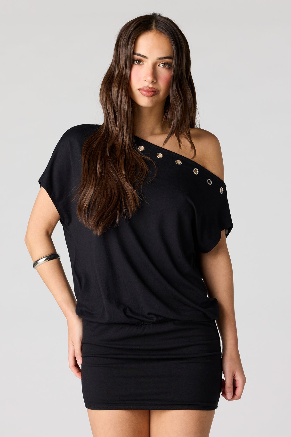 Dolman Eyelet Mini Dress - Black