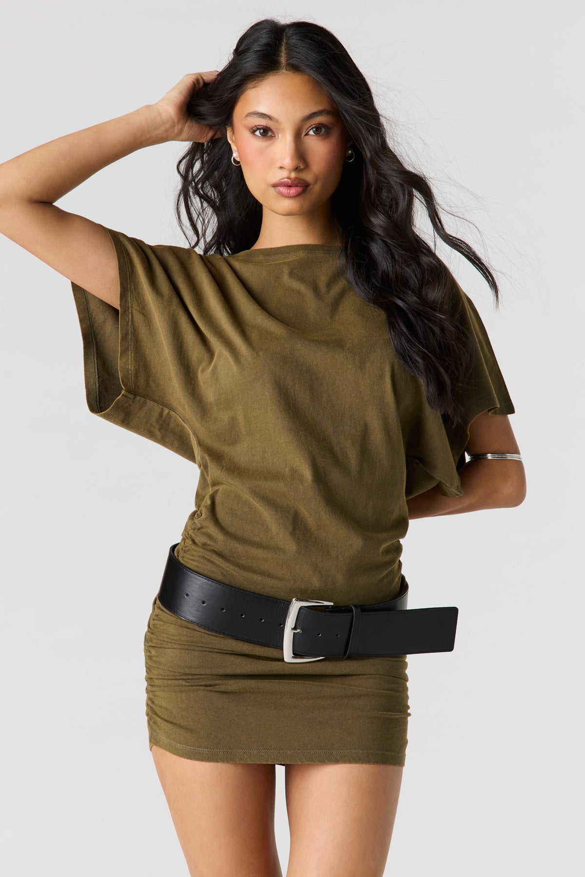 Washed Mini T-Shirt Dress - Dark Green