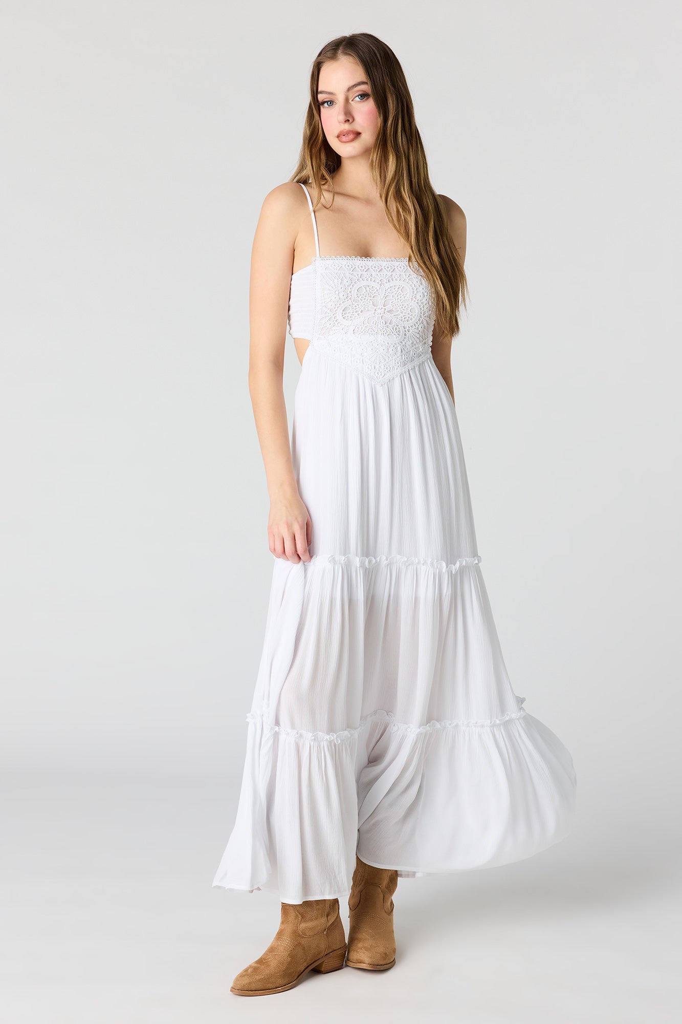 knee length dresses for ladies Lace Cami Textured Tiered Midi Dress with Back Tie by She + Sky L