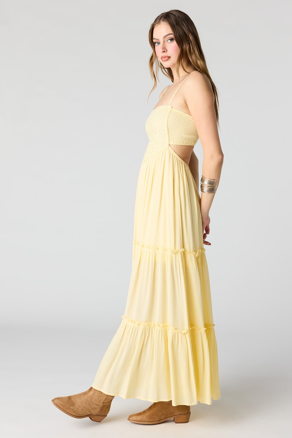 Alt View 2. Textured Tiered Midi Dress - Yellow