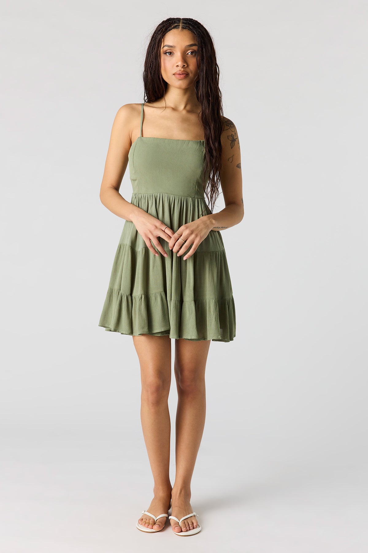 Alt View 3. Braless Tie Back Tiered Mini Dress - Dark Green