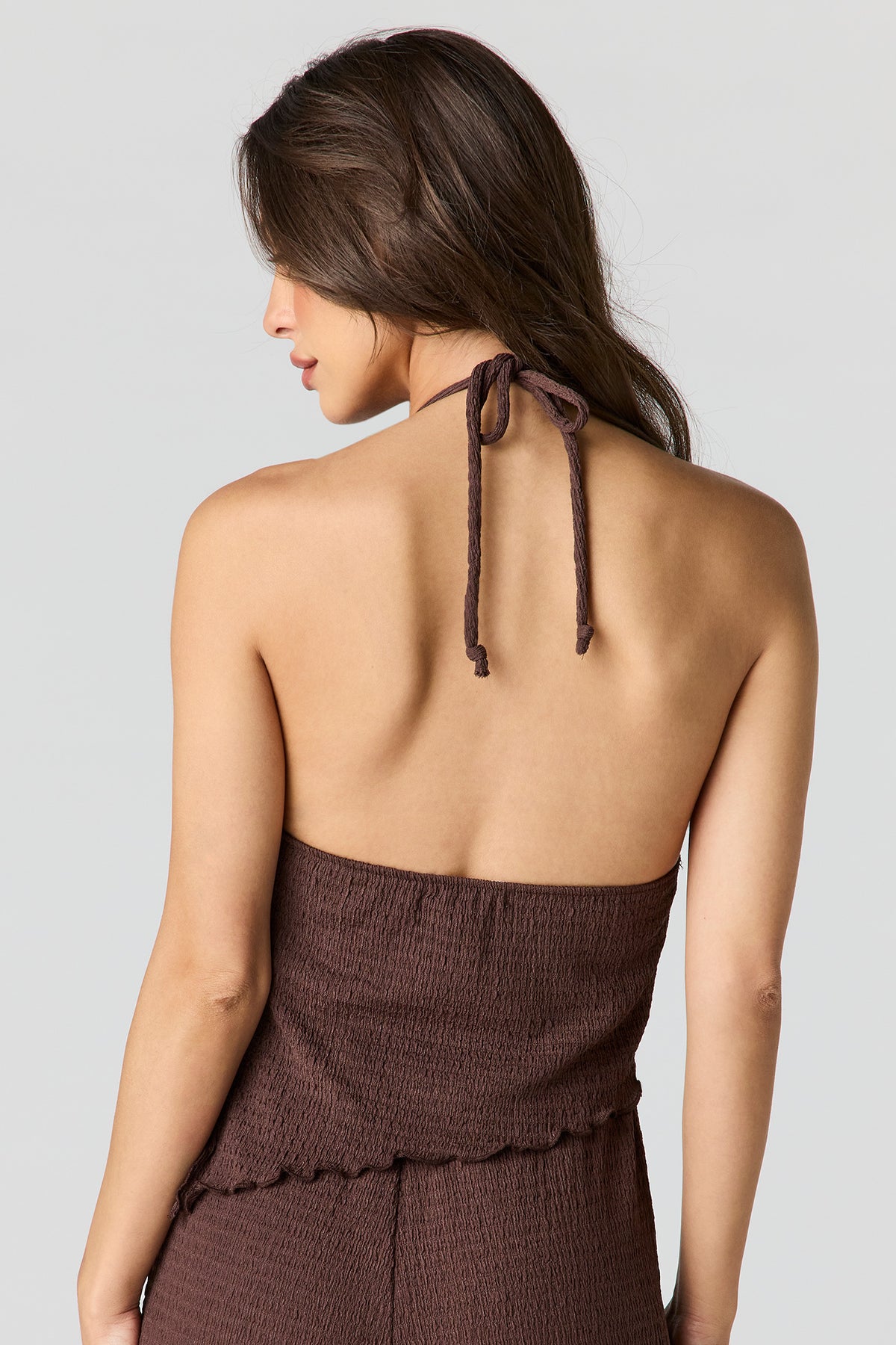 Alt View 2. Textured Asymmetrical Halter Top - Brown