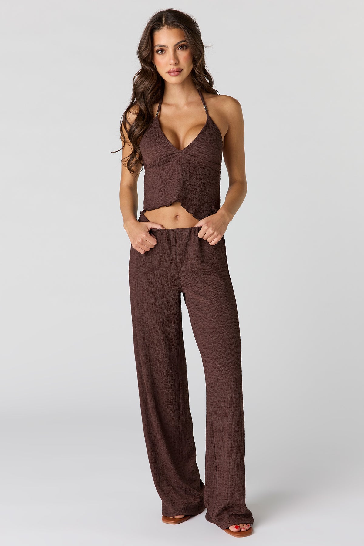 Alt View 3. Textured Asymmetrical Halter Top - Brown