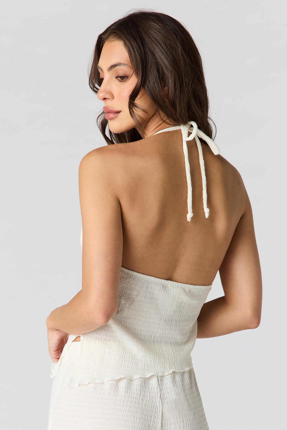 Alt View 2. Textured Asymmetrical Halter Top - Ivory