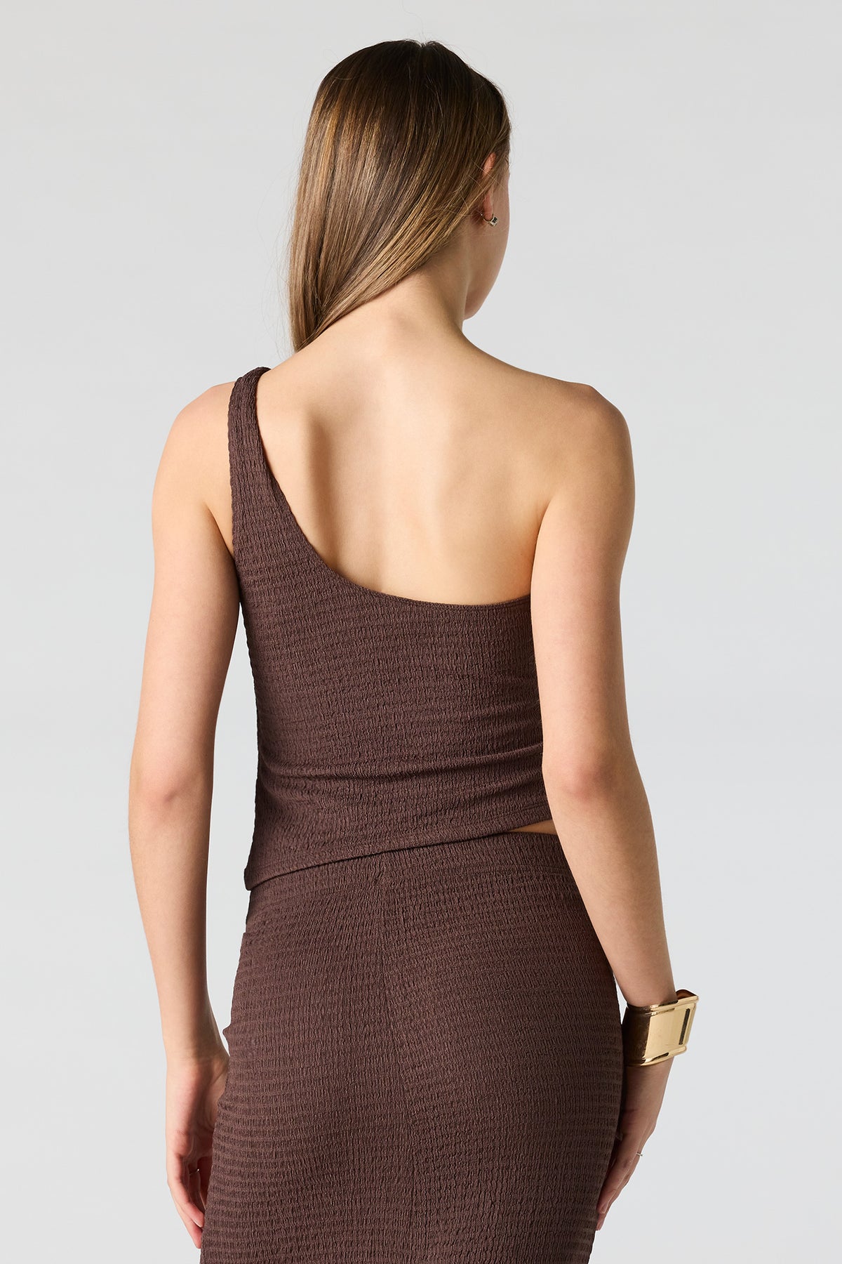 Alt View 2. Textured One Shoulder Top - Brown