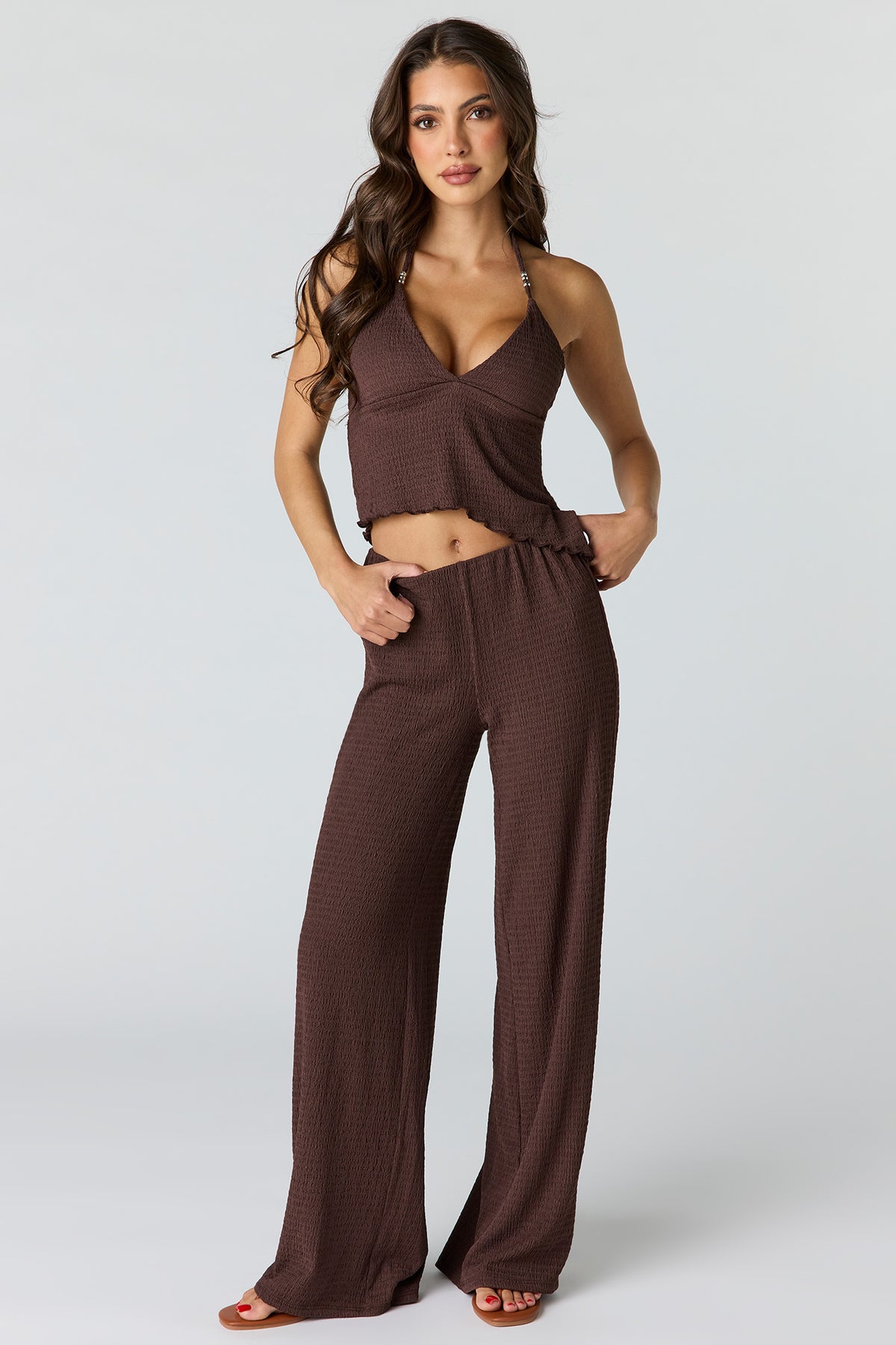 Textured Wide Leg Pant - Brown