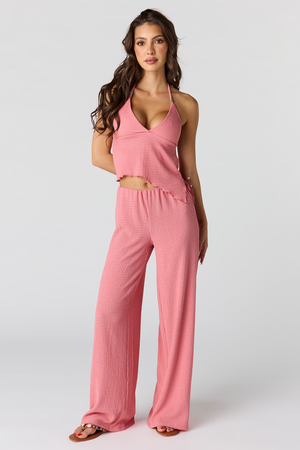 Alt View 4. Textured Wide Leg Pant - Coral