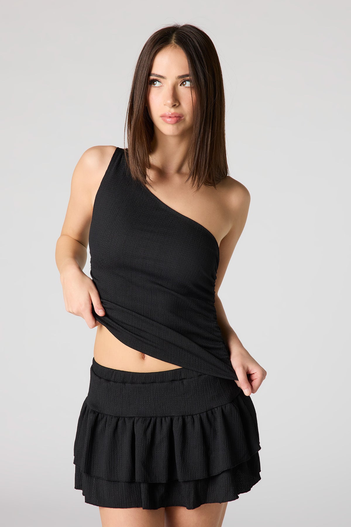 Textured One Shoulder Top - Black